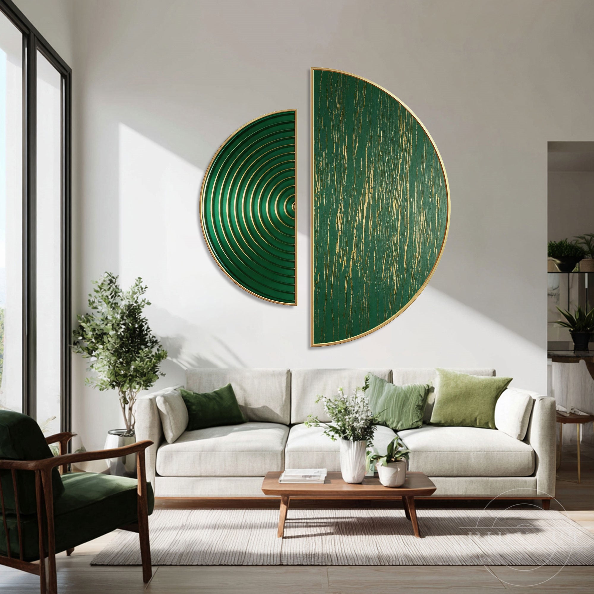 Modern emerald green and gold 3D half-circle wall art styled above a beige fabric sofa in a bright, sunlit living room.
