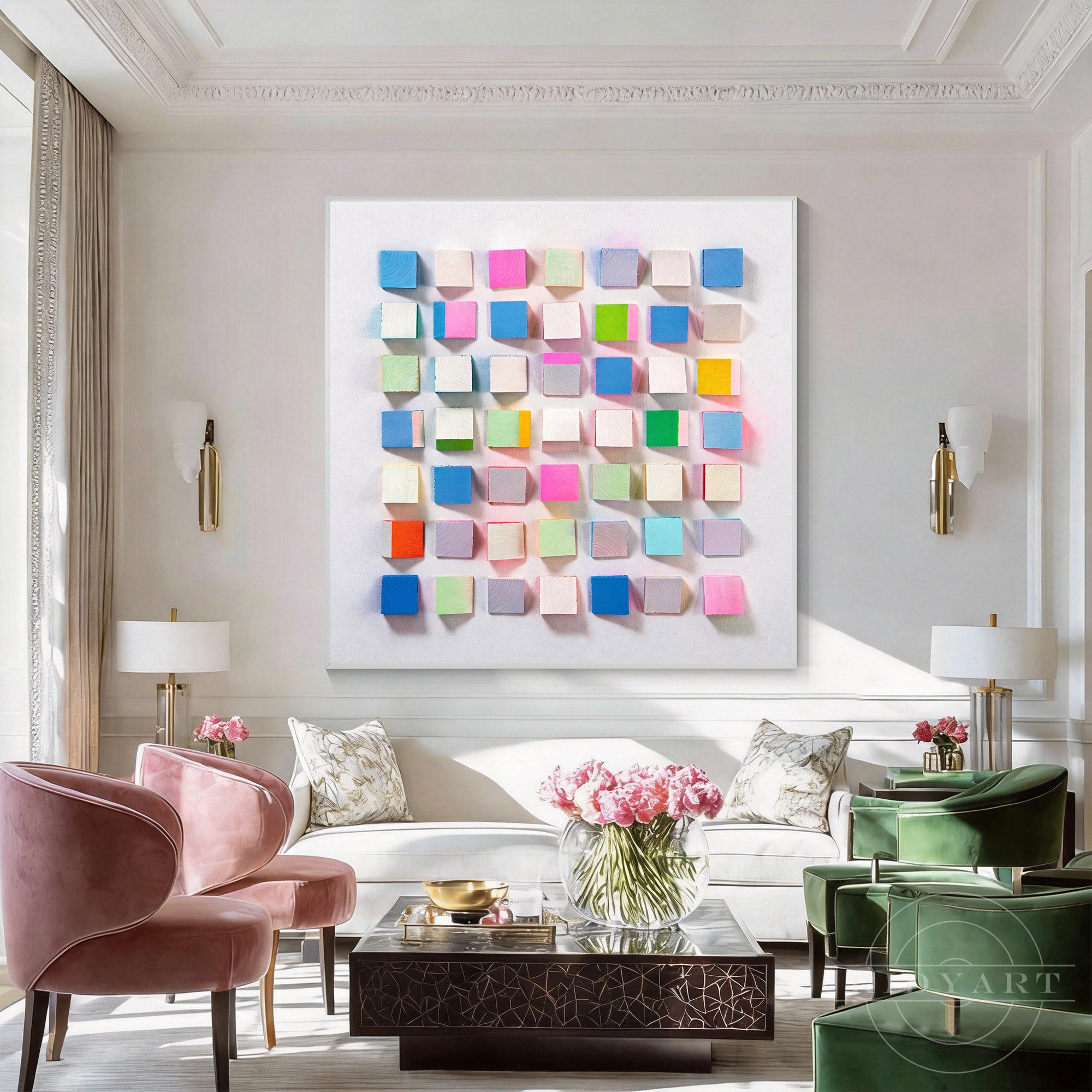 Vibrant colorful 3D wood block geometric wall art in electric blue and pink hung above a cream sofa in a modern luxury living room.