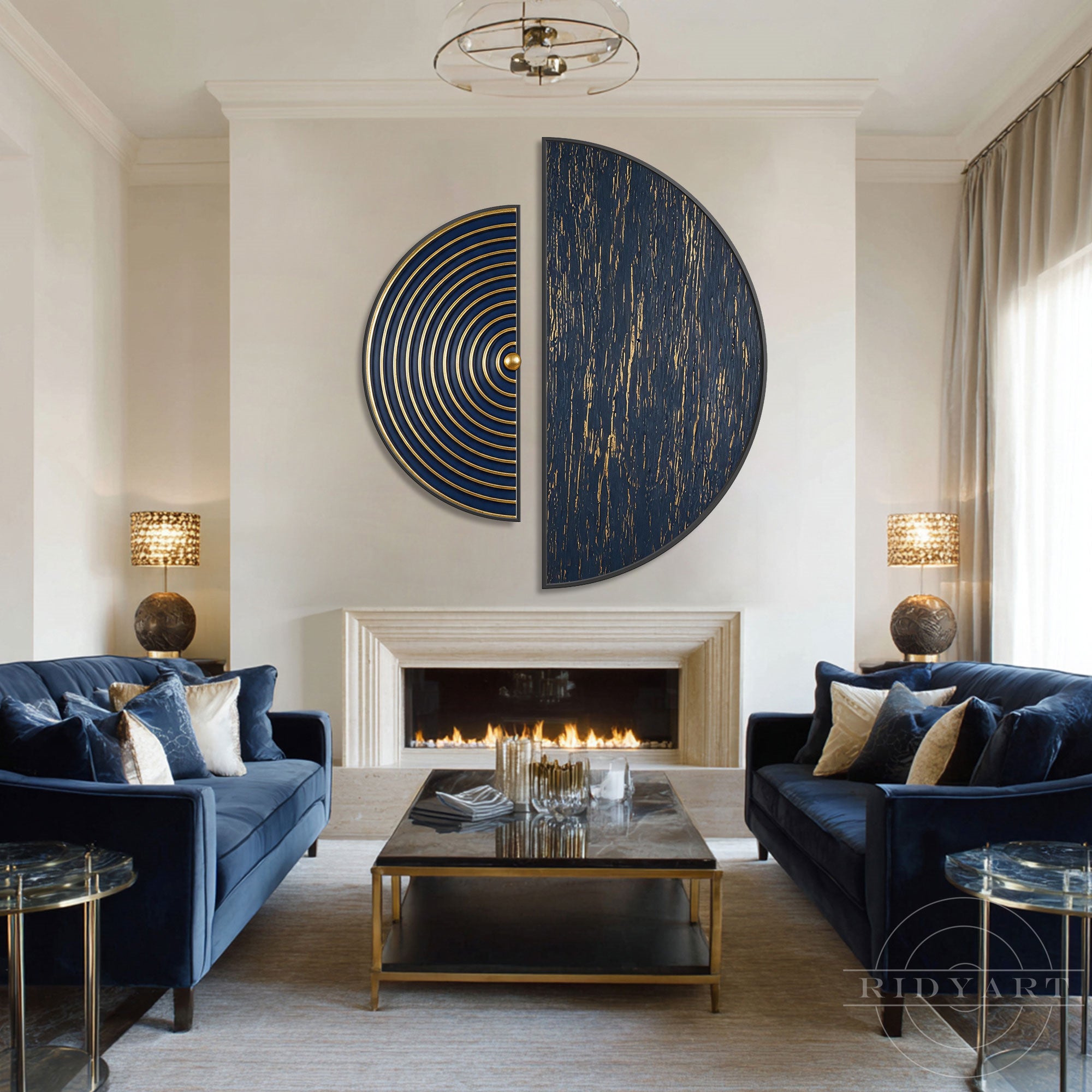 Asymmetrical navy and gold textured circular wall art set mounted above a fireplace mantel between two blue velvet sofas.