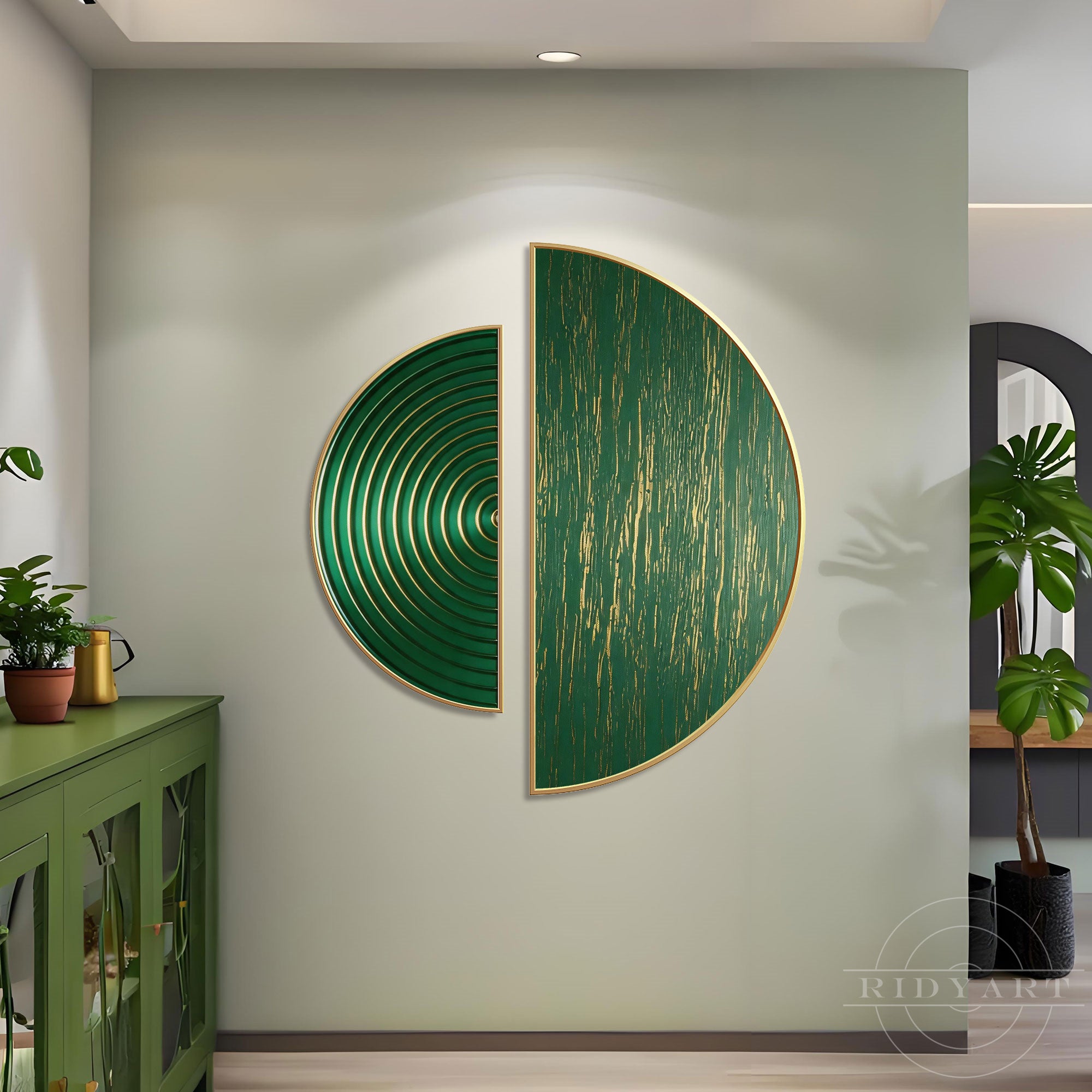 Luxurious emerald green and gold half circular art set hanging on a minimalist hallway wall.