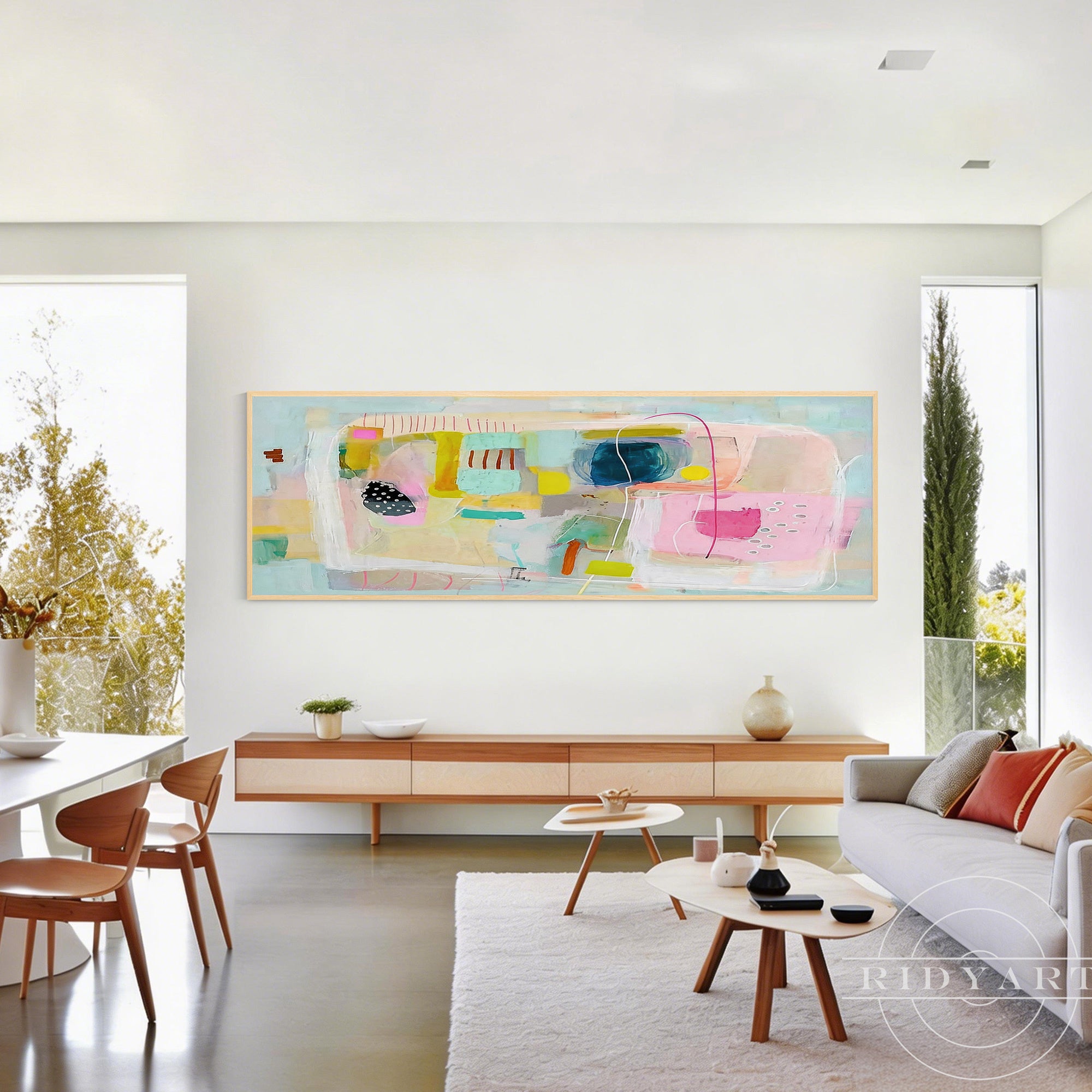 Large panoramic canvas artwork with geometric shapes, organic forms, and delicate line details.