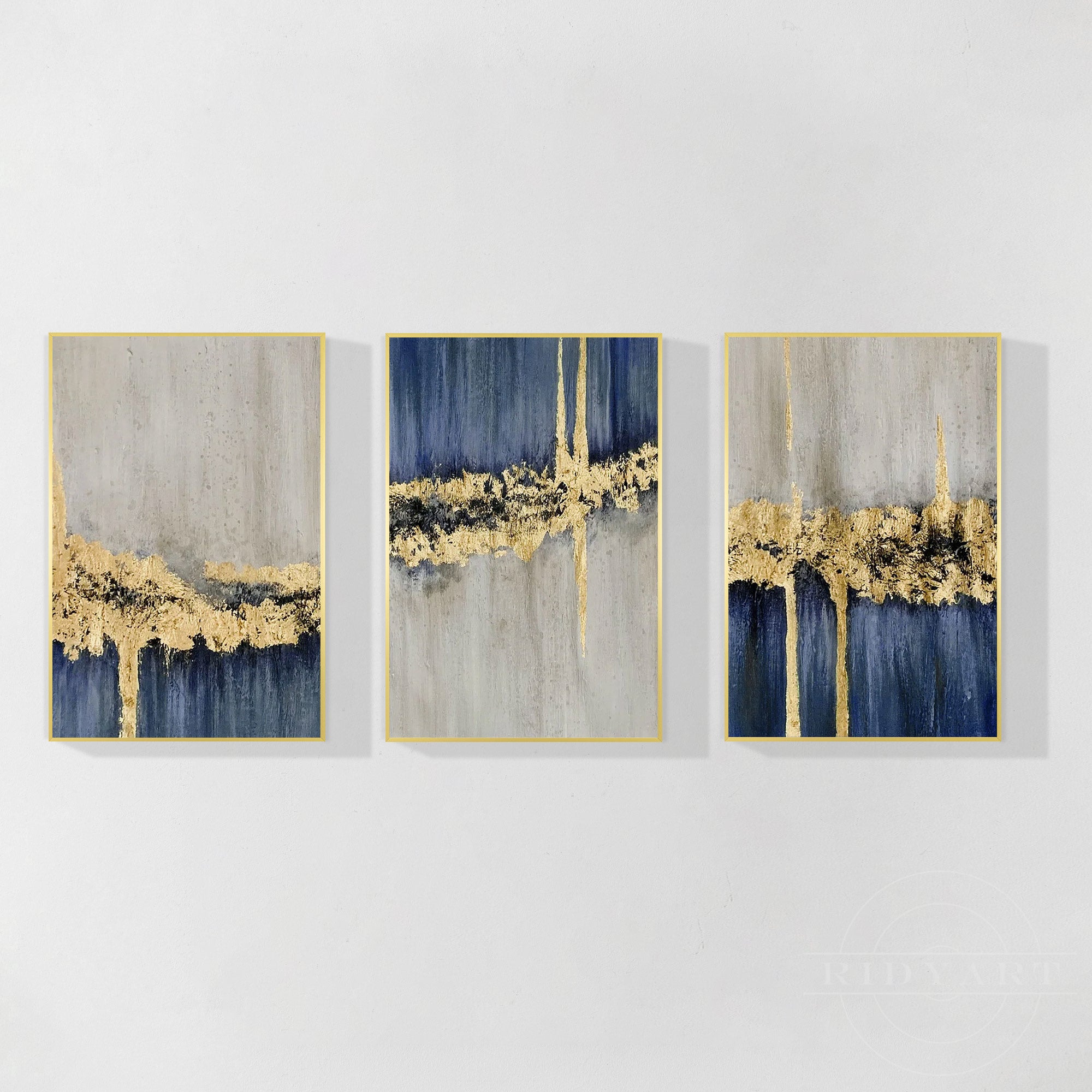 3 pieces Blue And Gold Modern Abstract Oil Painting