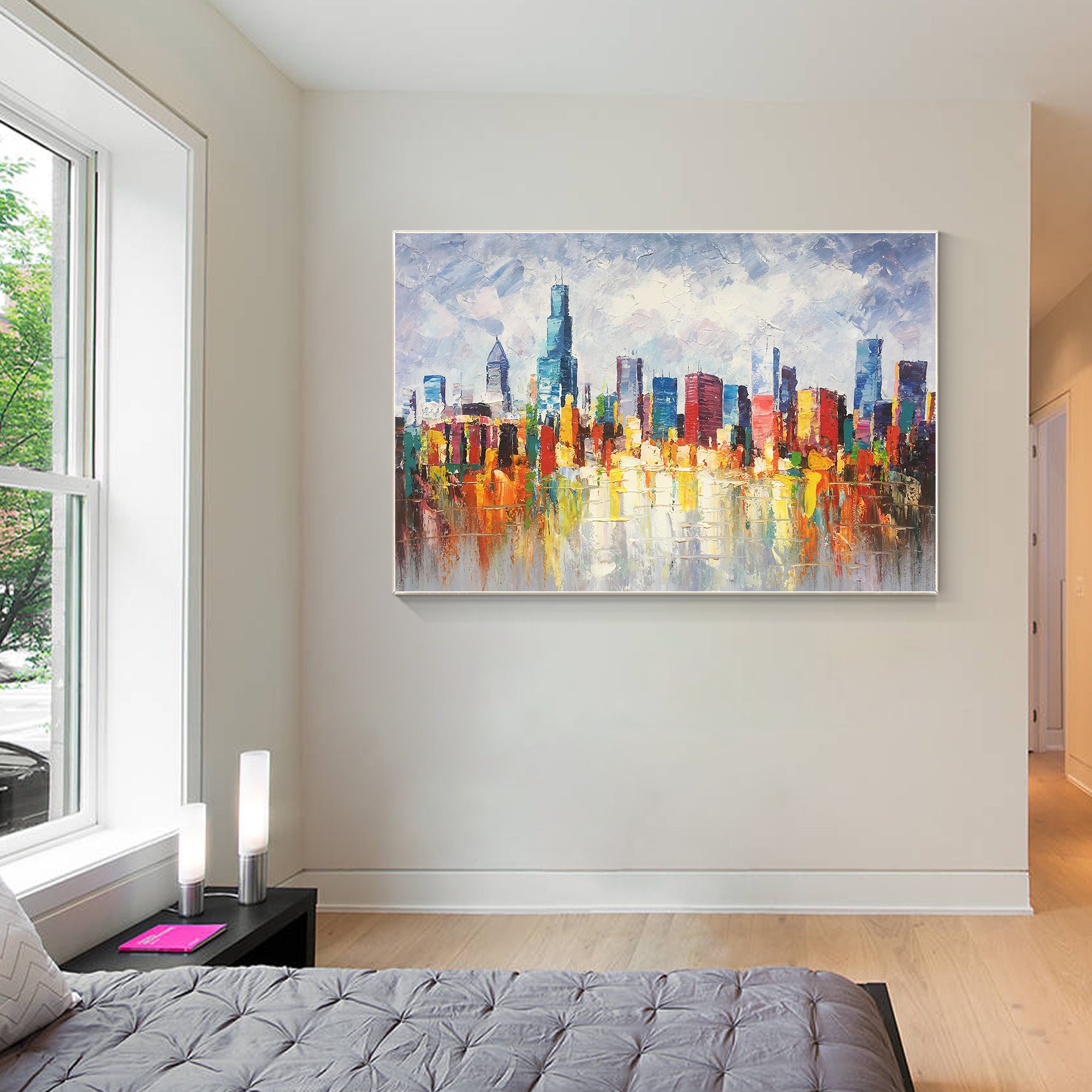 Chicago cityscape abstract painting with bold textures and colors