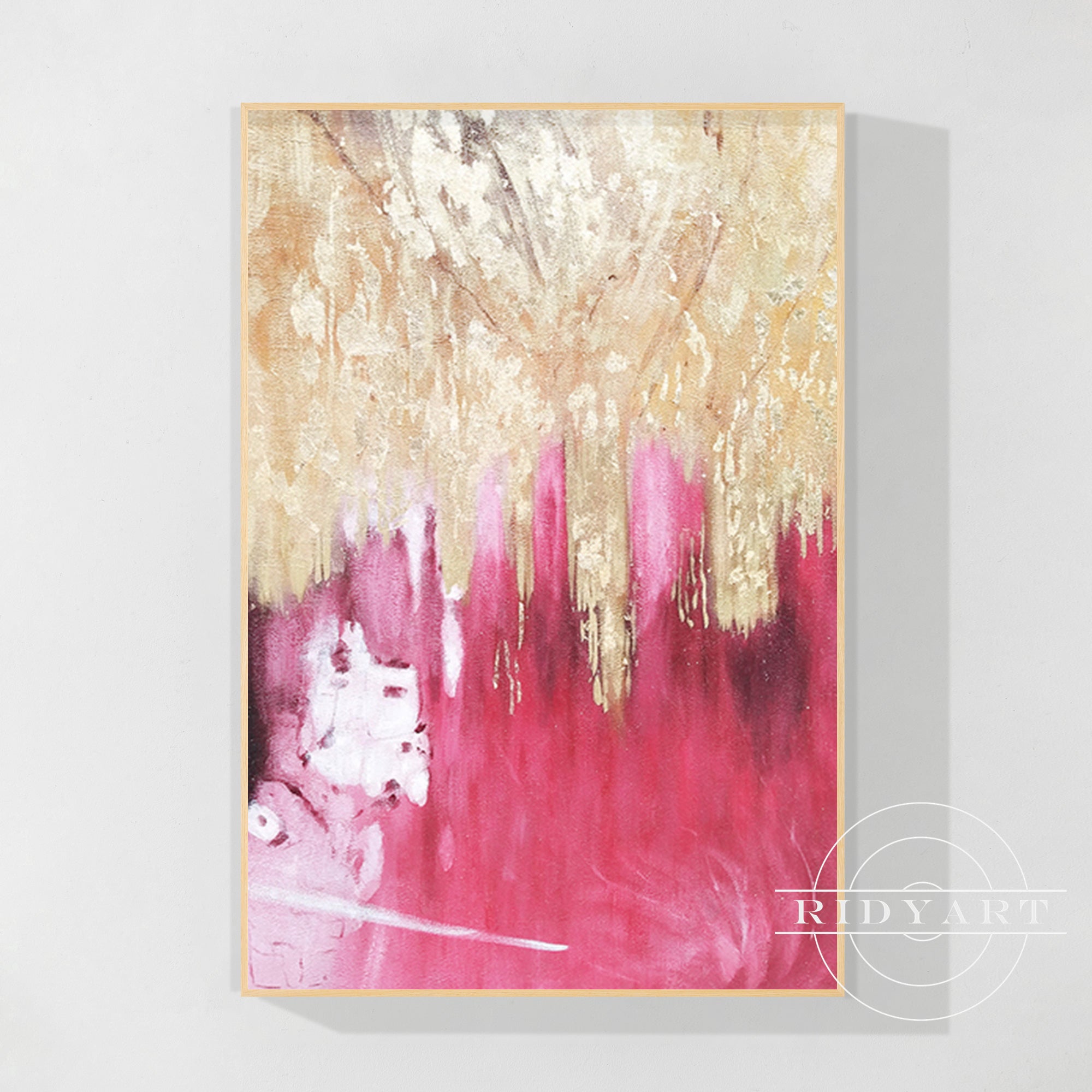 Pintura abstracta en lienzo con lámina de oro rosa para pared