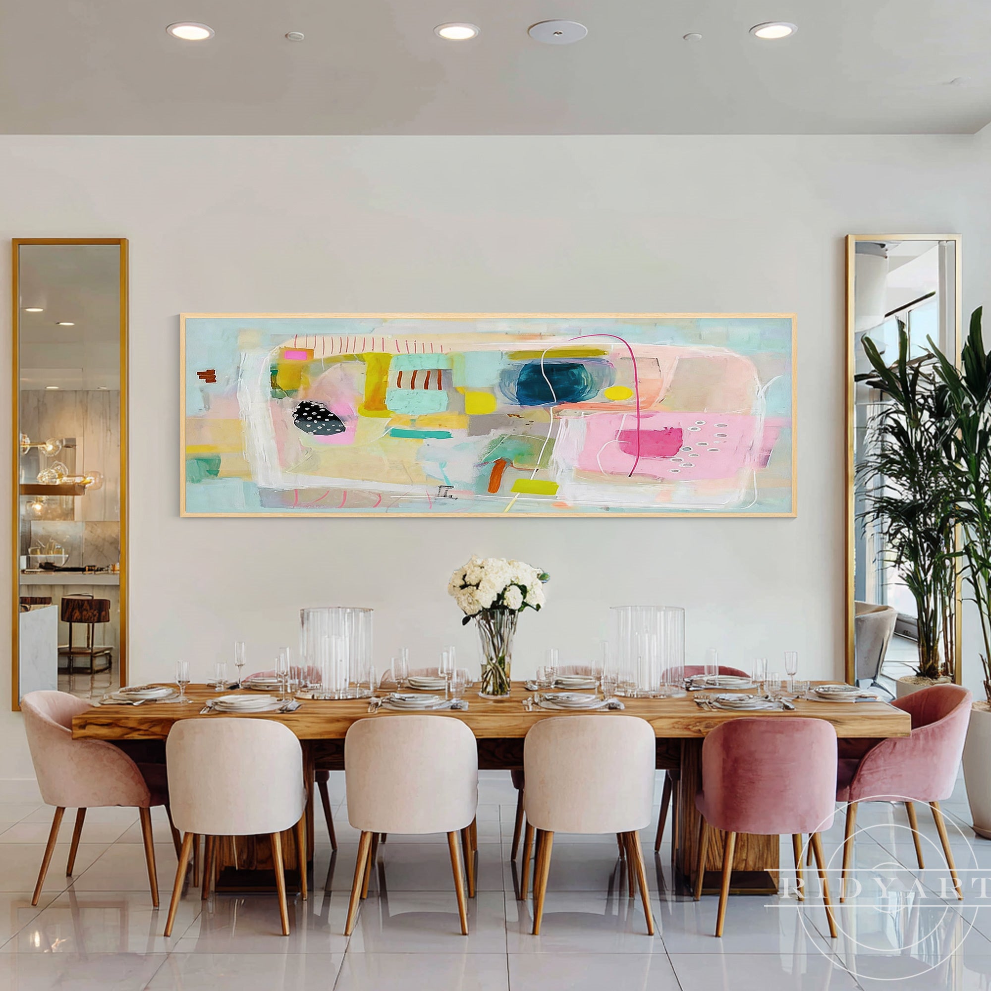 Contemporary geometric wall art with navy blue accents and playful abstract composition.