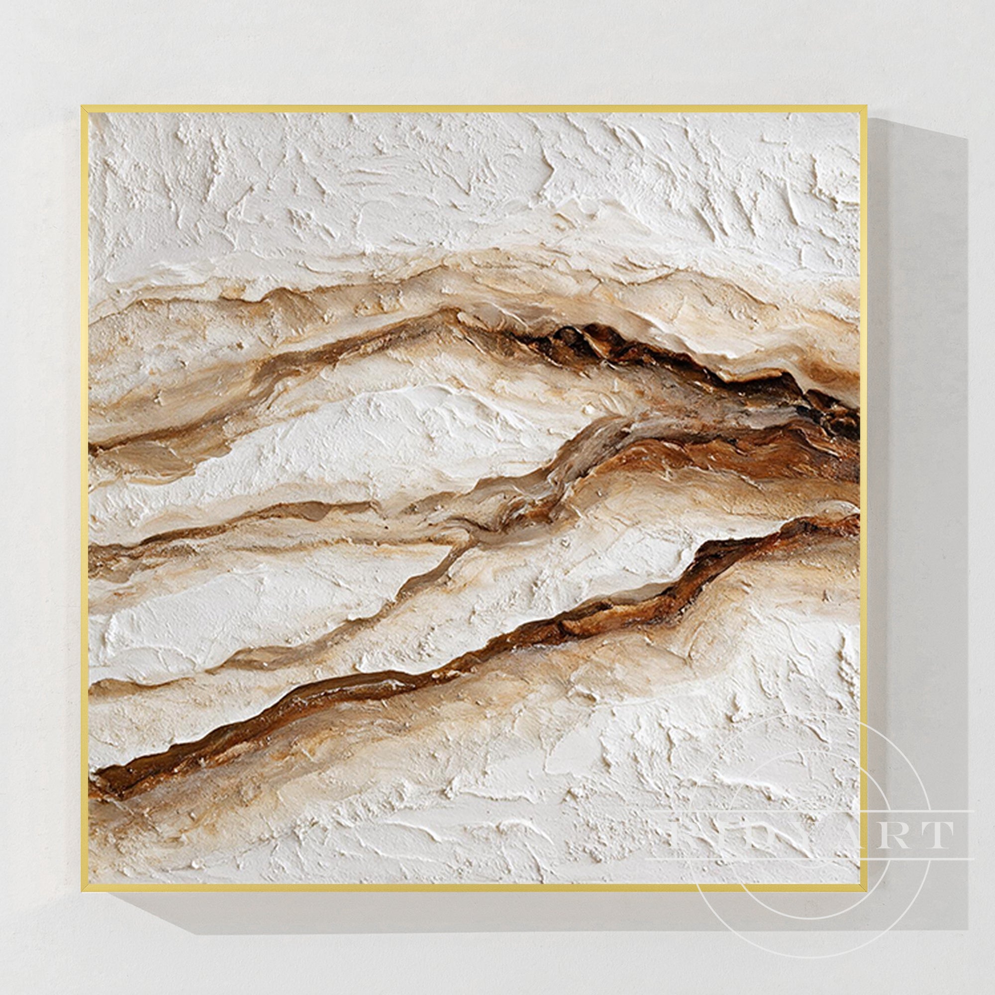 Hand-painted 3D textured abstract canvas art with heavy impasto layering in beige, cream white, and earthy brown tones.