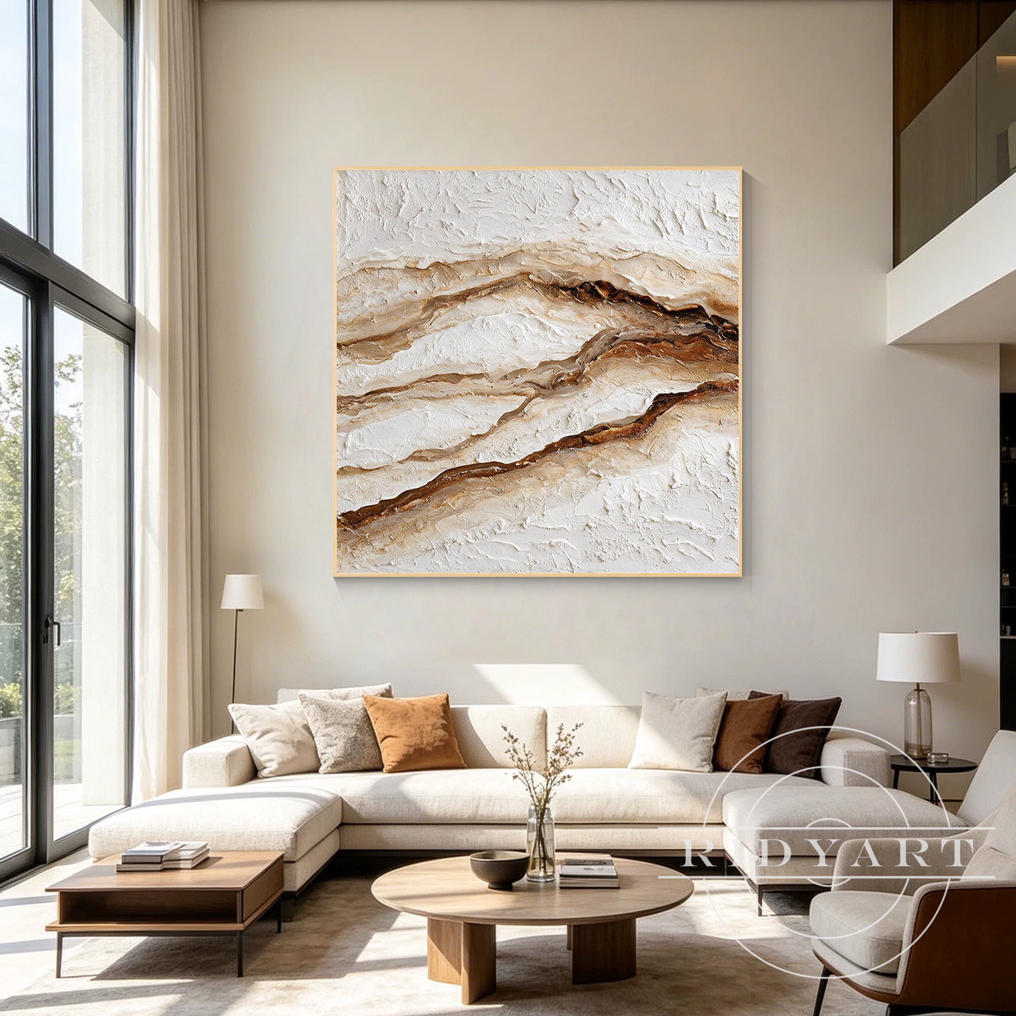 Modern abstract oil painting depicting stylized organic mountain-like rock layers or a river canyon with rich 3D texture.