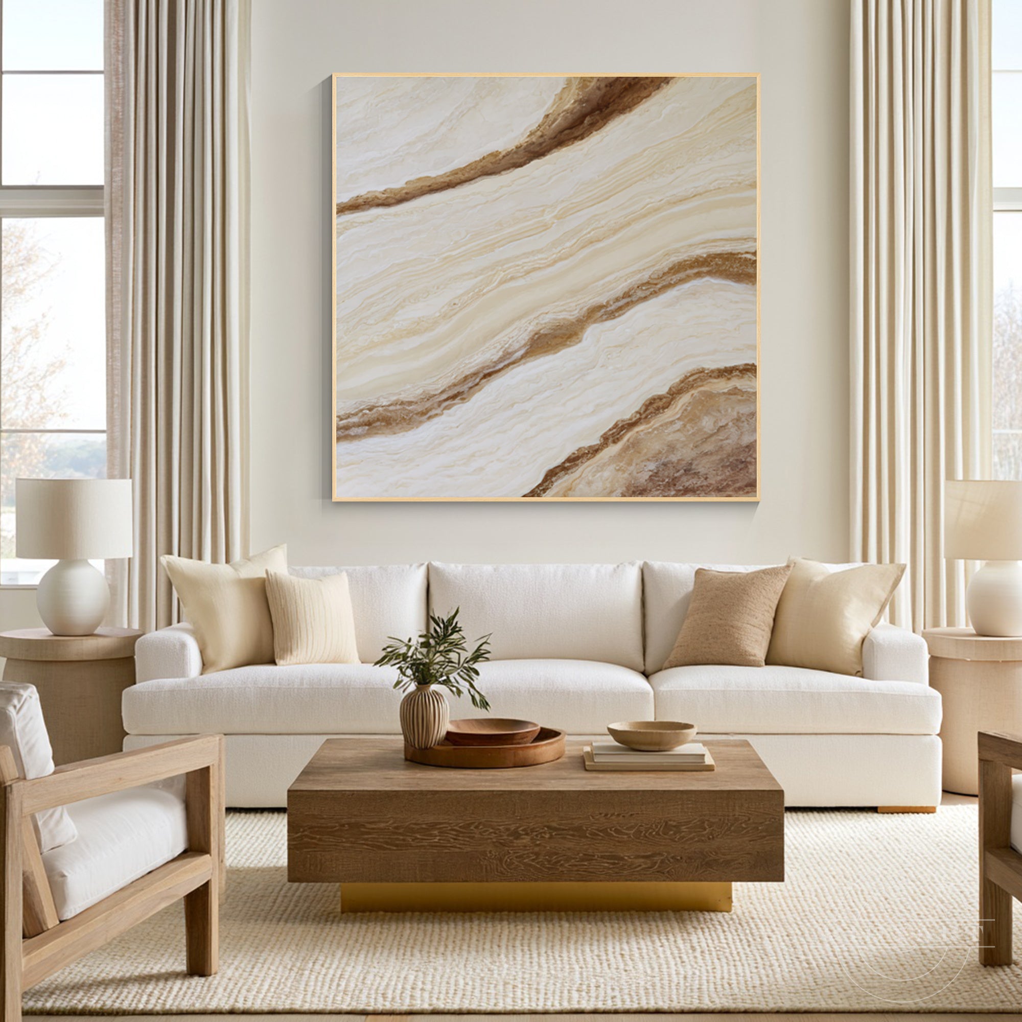 A serene and sophisticated abstract wall accent print, ideal for a bright living room or bedroom.
