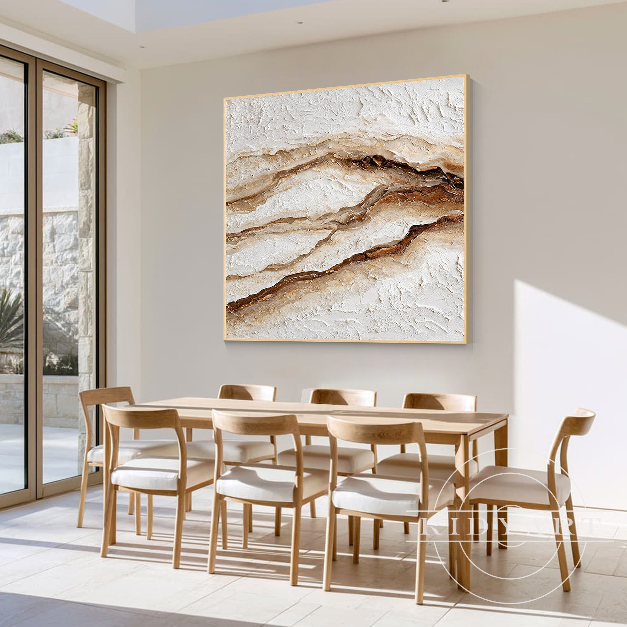 Minimalist yet dramatic earth-tone wall art centerpiece featuring a rugged, tactile textured surface. Ideal for modern home decor.