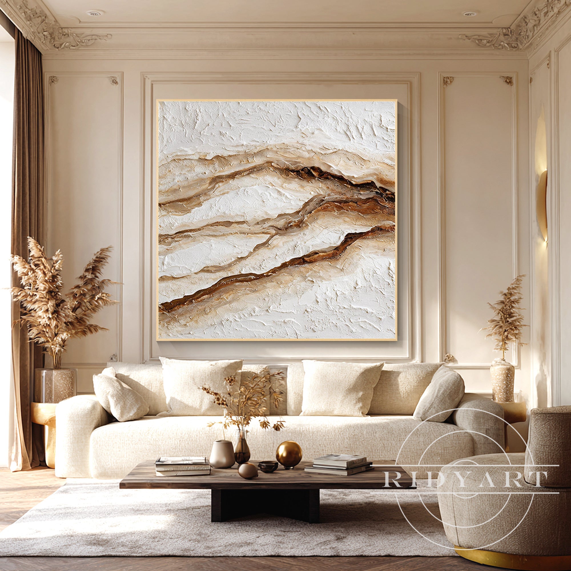 A minimalist black-framed square abstract textured canvas painting ready to hang in a modern interior setting.