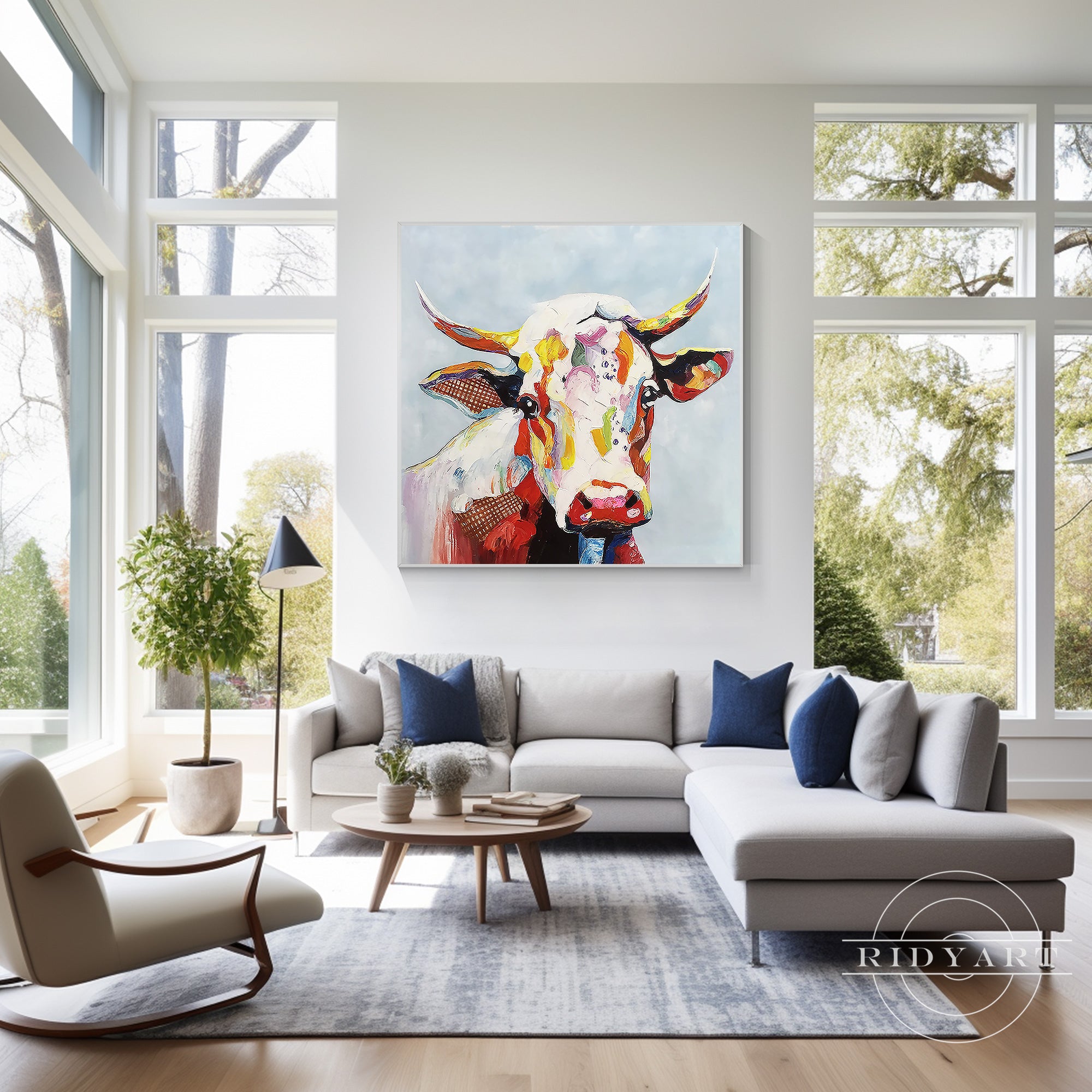 Vibrant Highland cow inspired artwork featuring bold multicolor accents and contemporary animal portrait design.