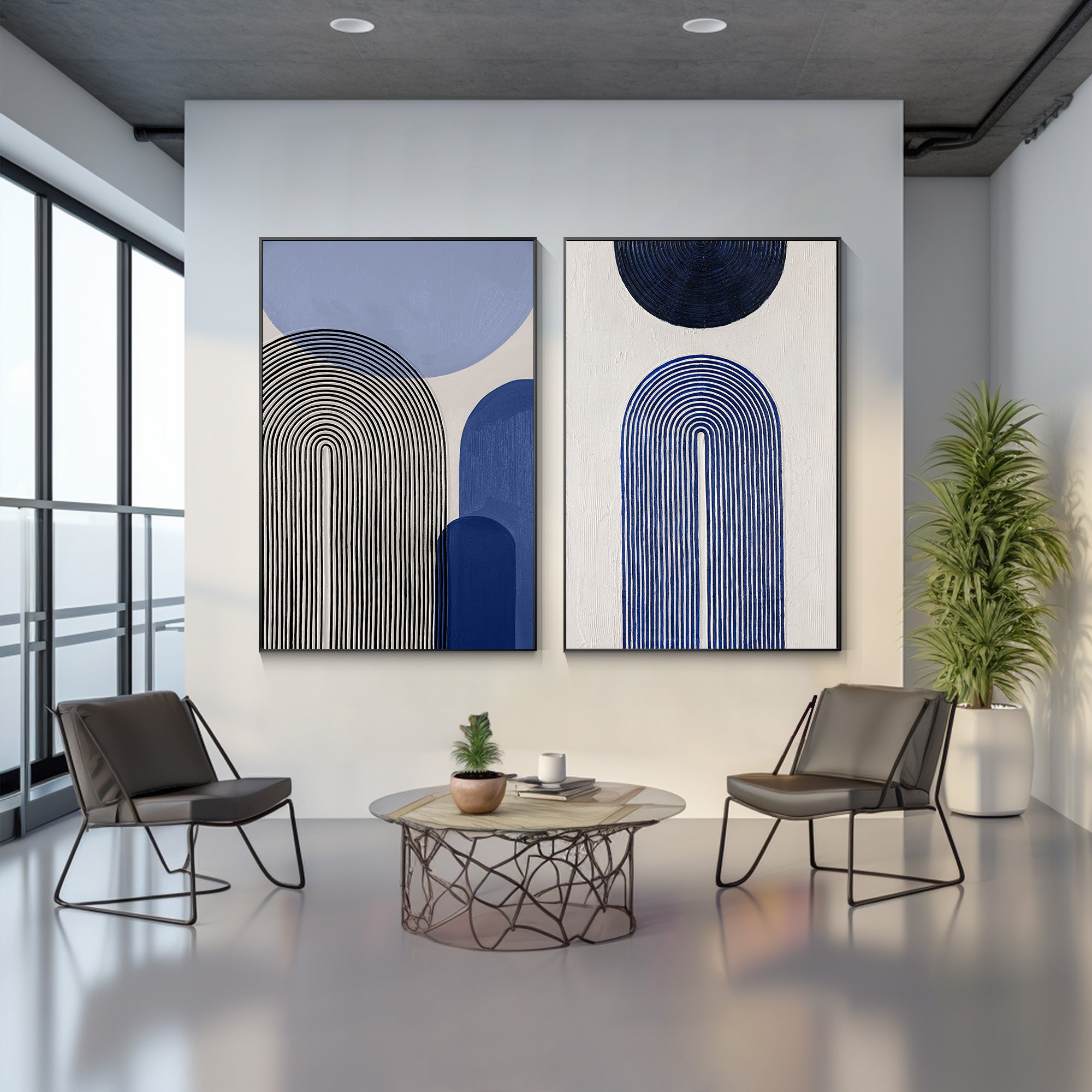 Set of 2 baby blue abstract geometric paintings on canvas with textured organic shapes. Vertical modern wall art for living room or bedroom decor.