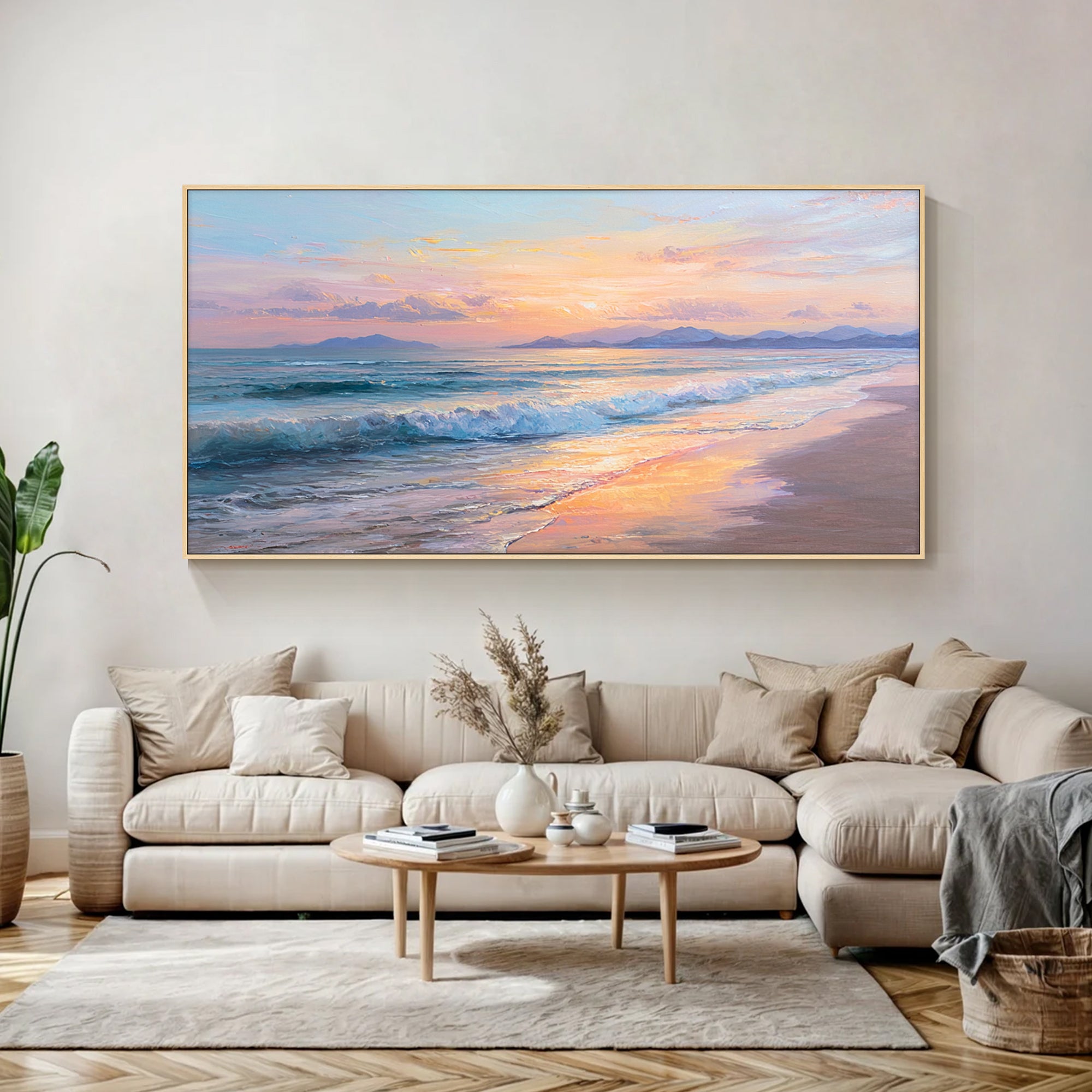 Panoramic beach sunset artwork in neutral living space