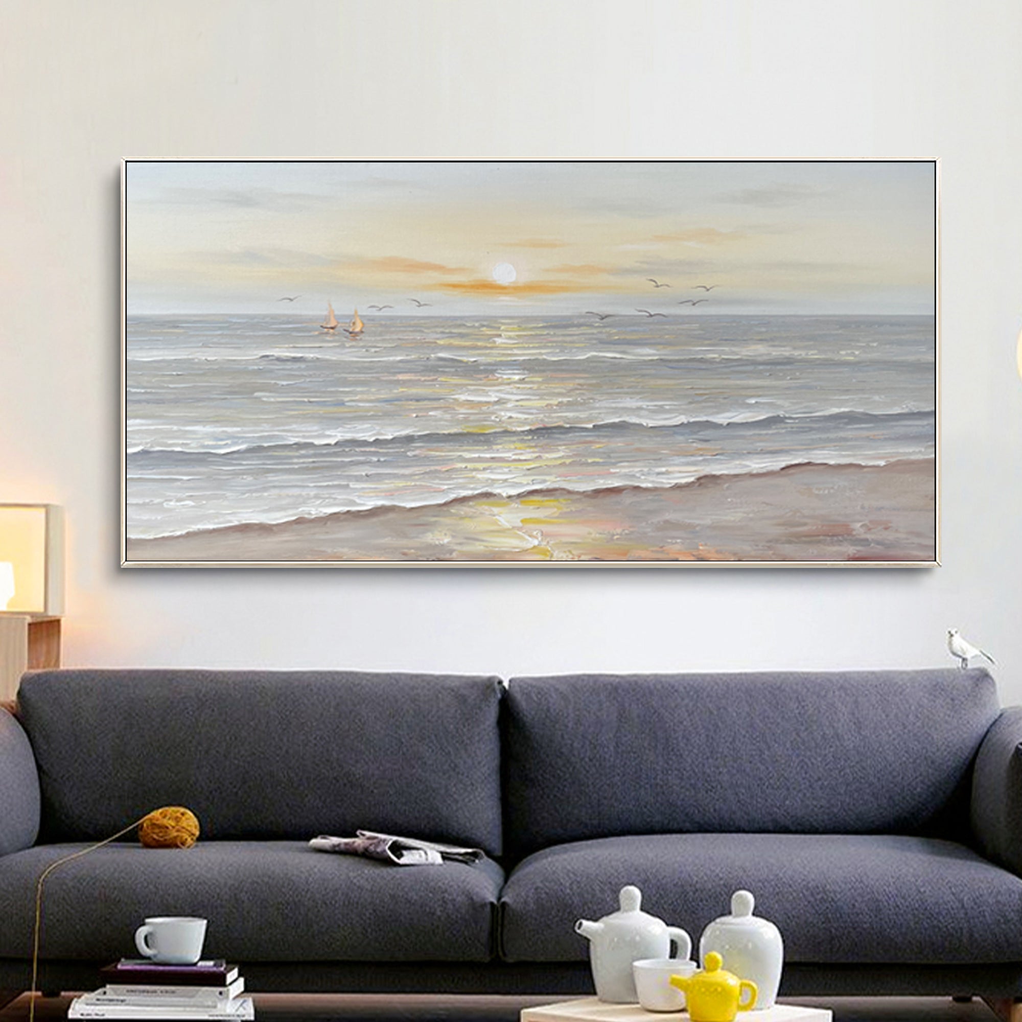 Coastal beach sunset landscape textured painting on canvas with warm colors.
