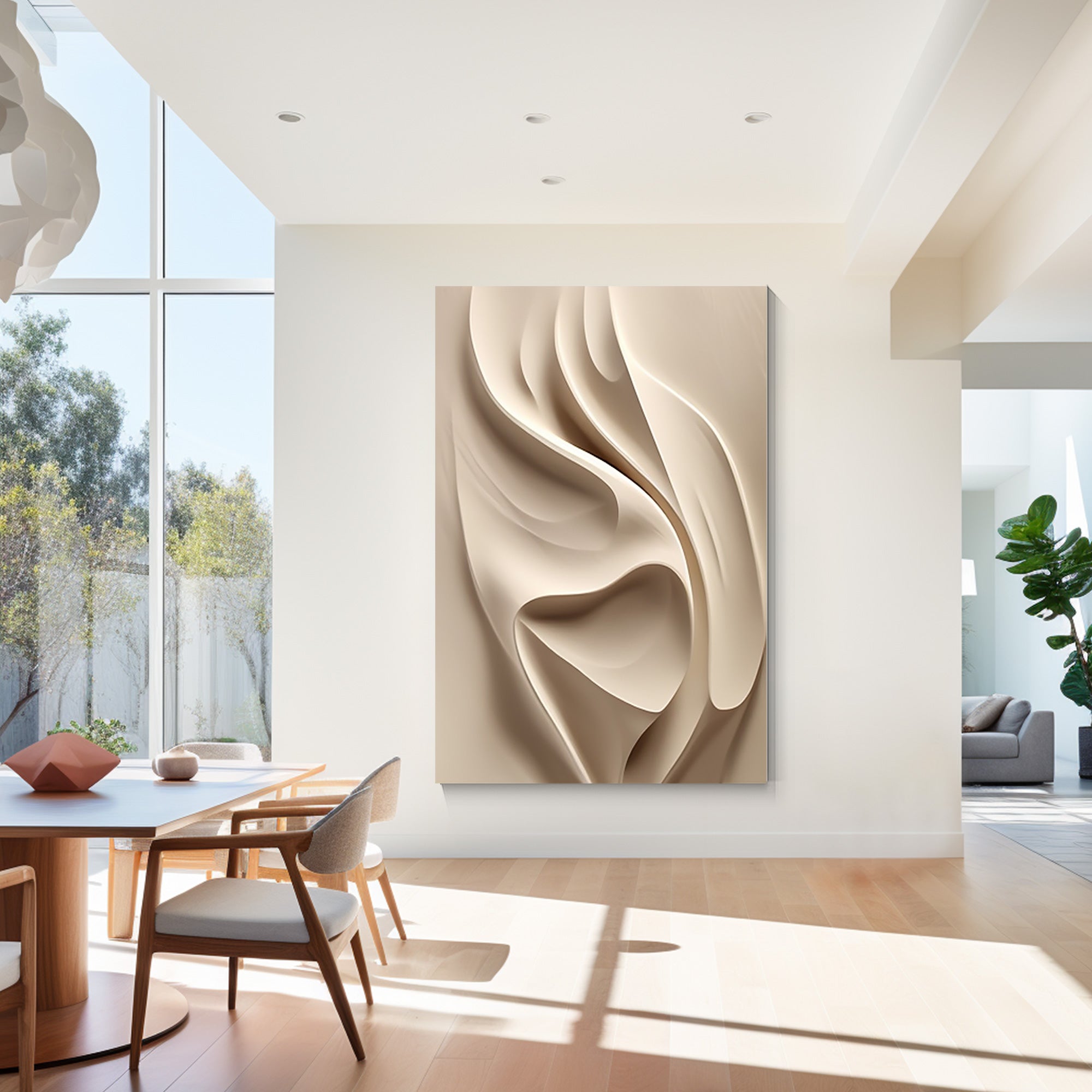 Beige 3D wood carving abstract sculpture wall art