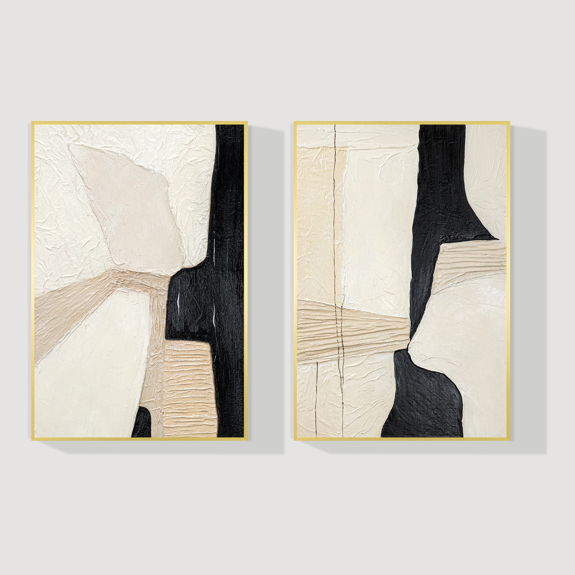 Set of 2 abstract beige and black plaster textured paintings