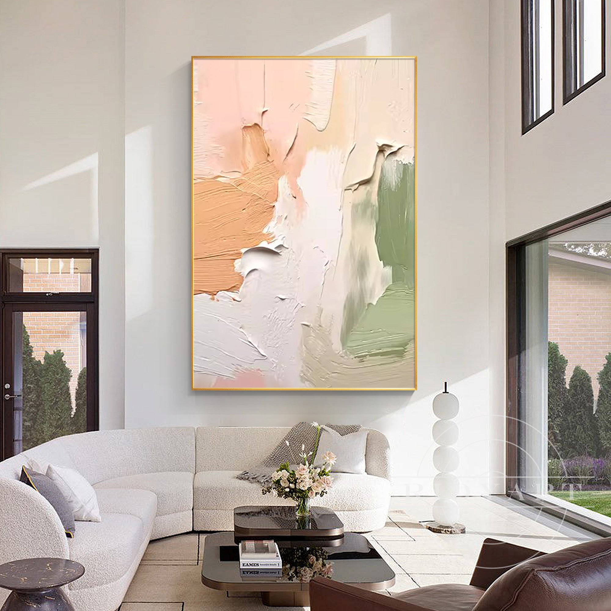 Soft pastel abstract oil painting in shades of cream, light green, and pink