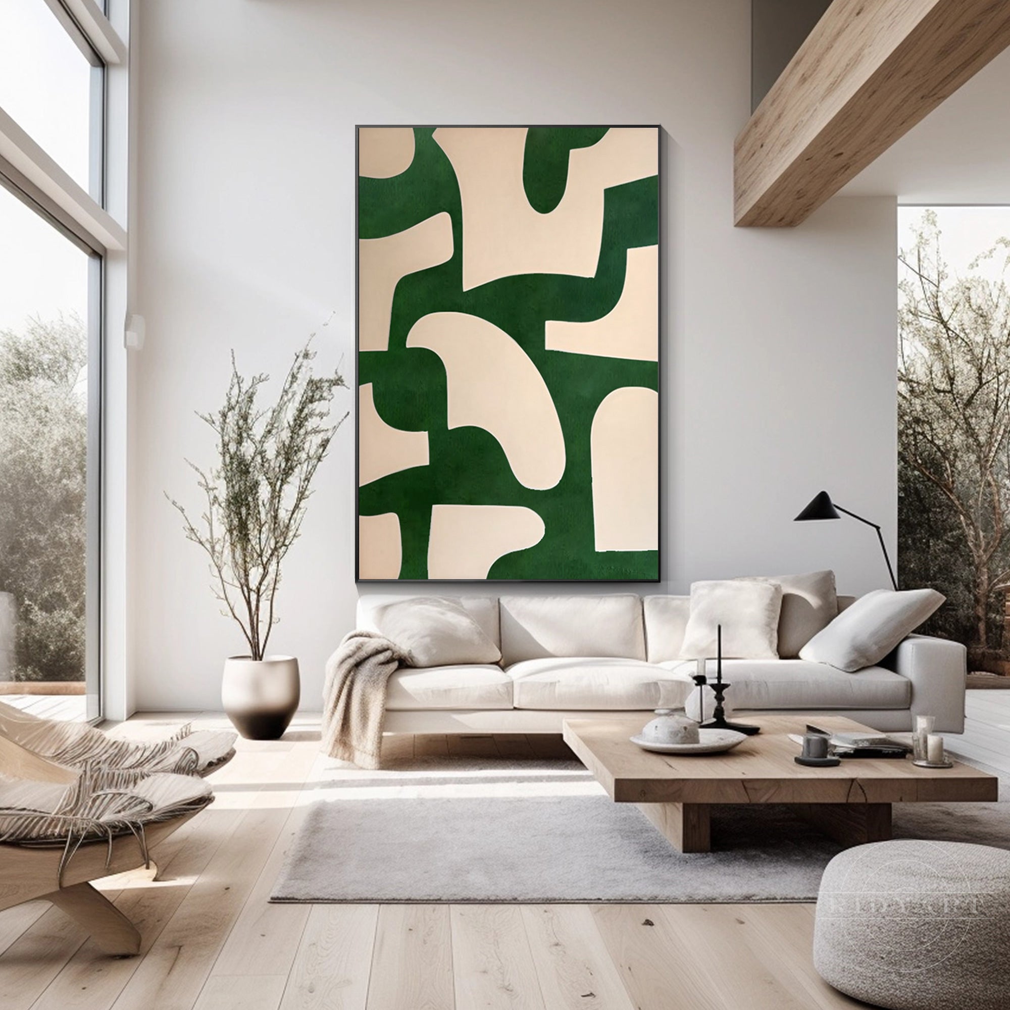 Beige and emerald green abstract art painting on canvas with organic shapes. Vertical oversized minimalist wall art for modern home decor.

