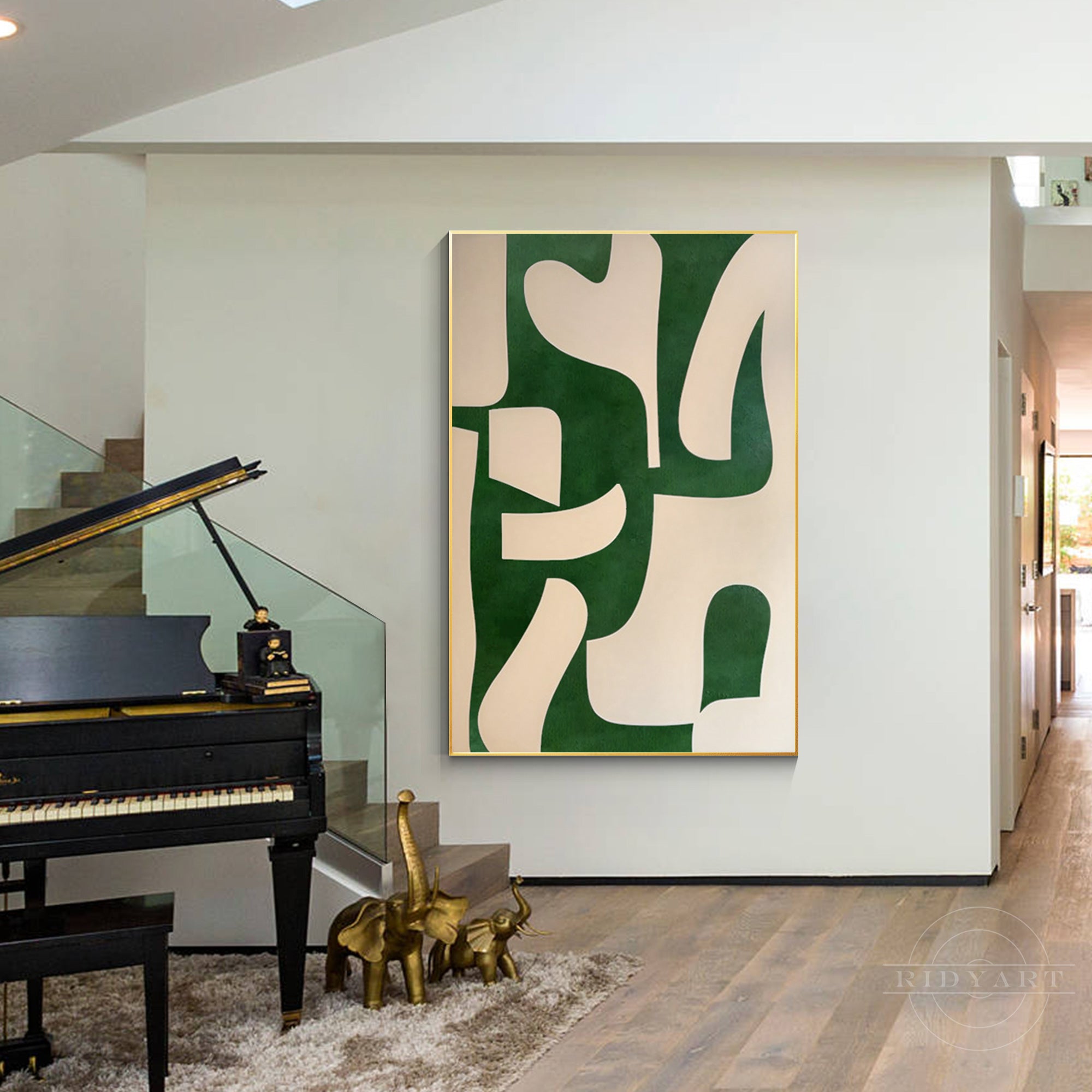Beige and emerald green abstract painting on canvas with organic shapes. Vertical oversized minimalist wall art for modern home decor.