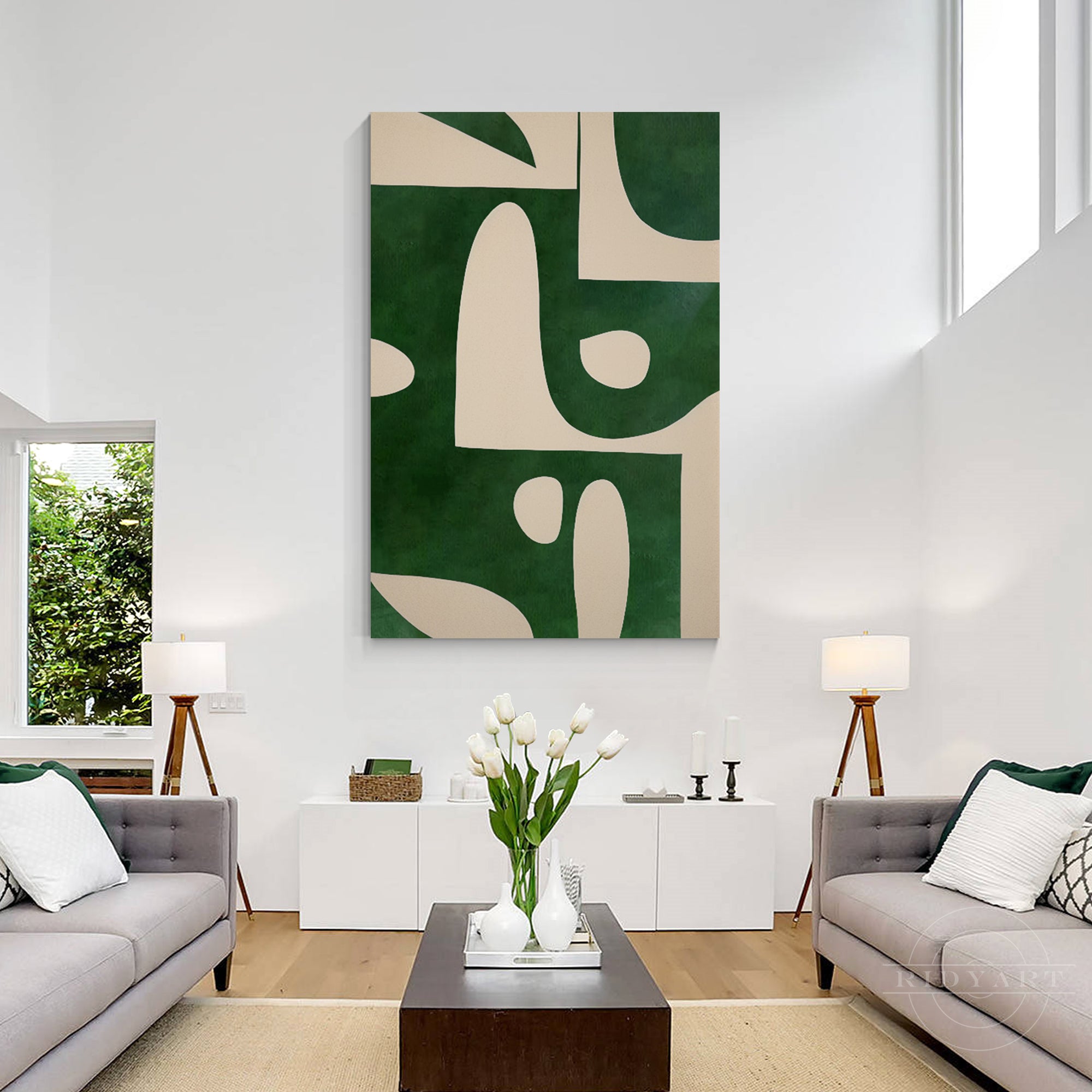 Beige and emerald green vertical abstract art painting on canvas with organic shapes. Large oversized minimalist wall art for home decor.


