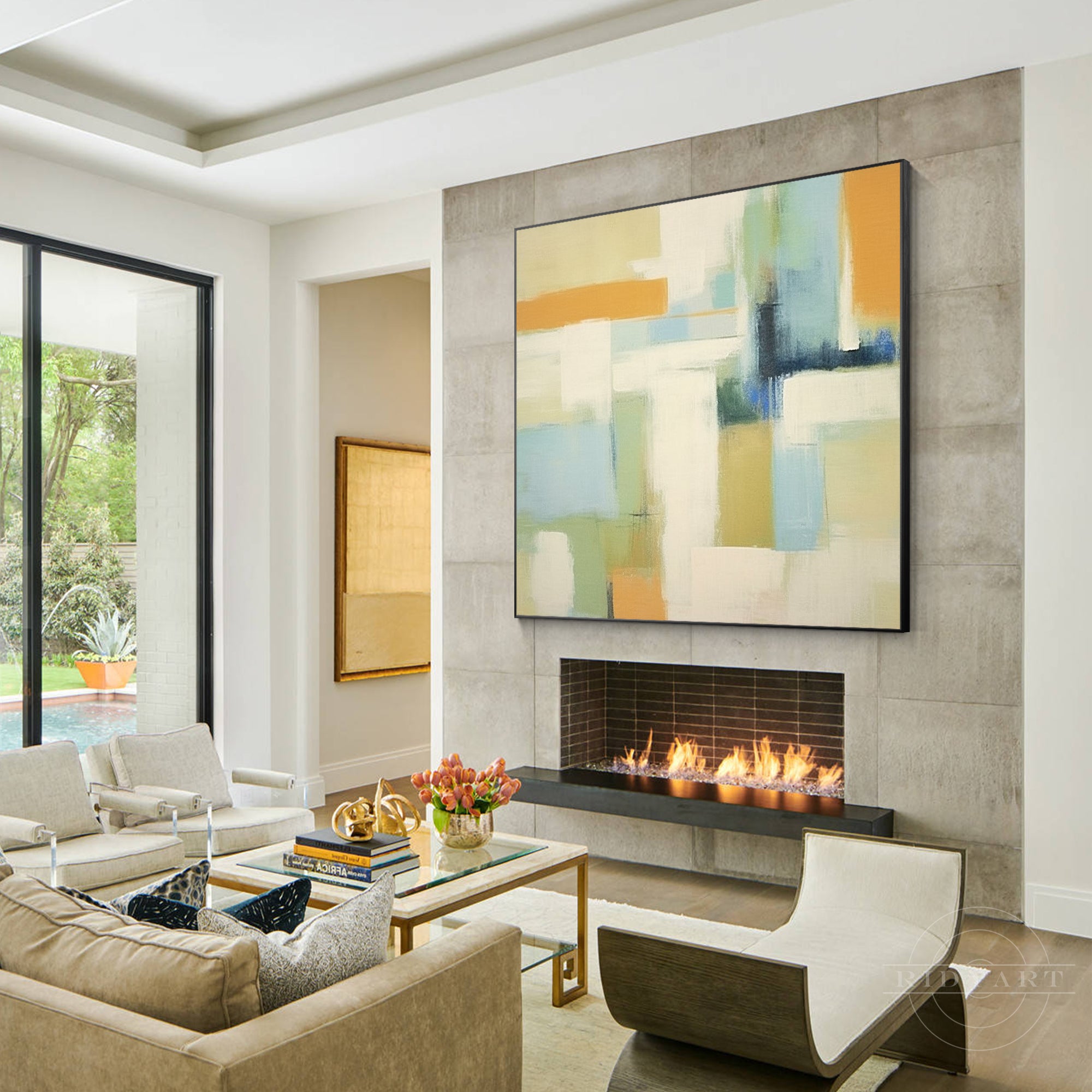 Abstract geometric beige warm-toned painting on canvas. Extra-large square wall art for modern and minimalist home decor.

