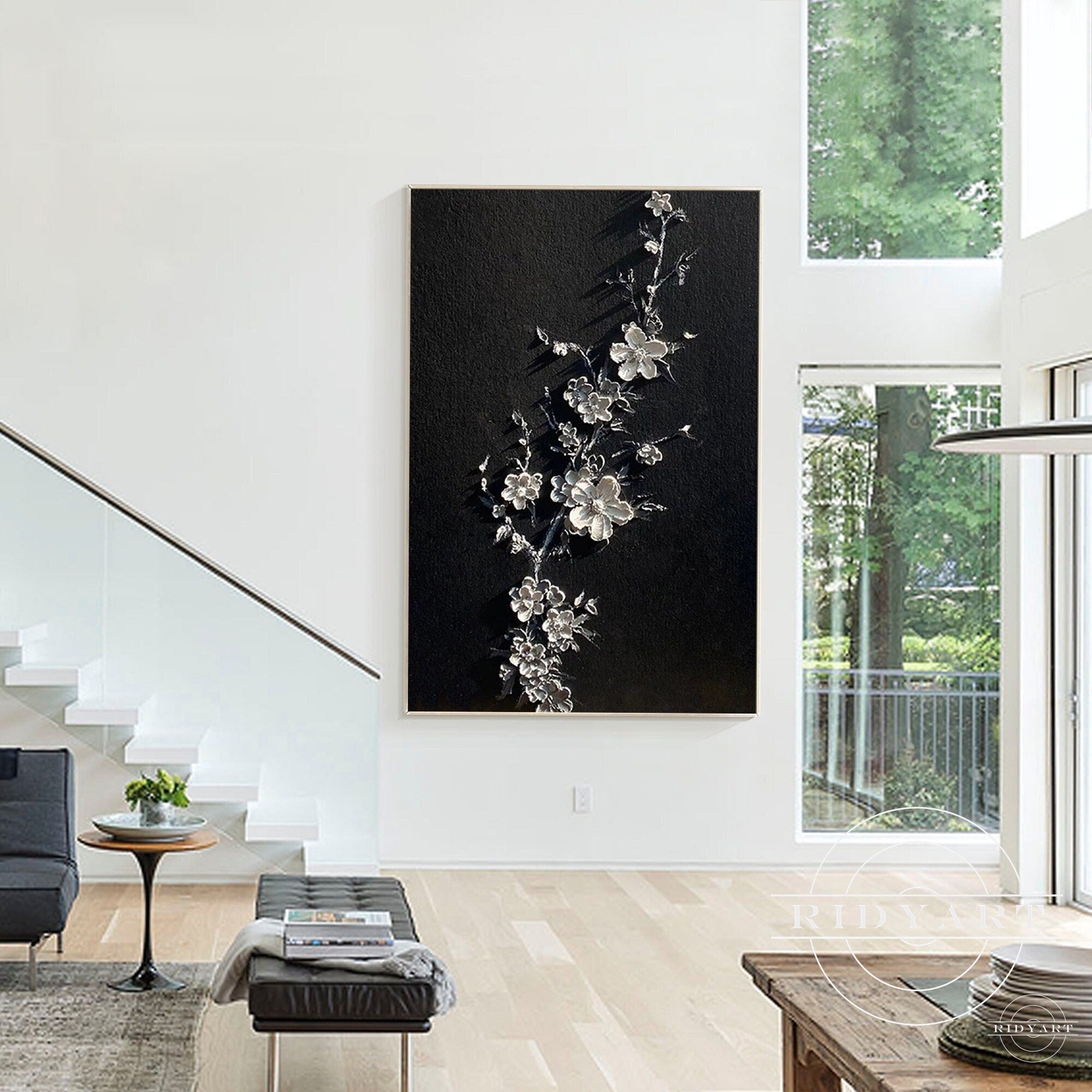 Hand-painted white flower wall art with 3D textured petals