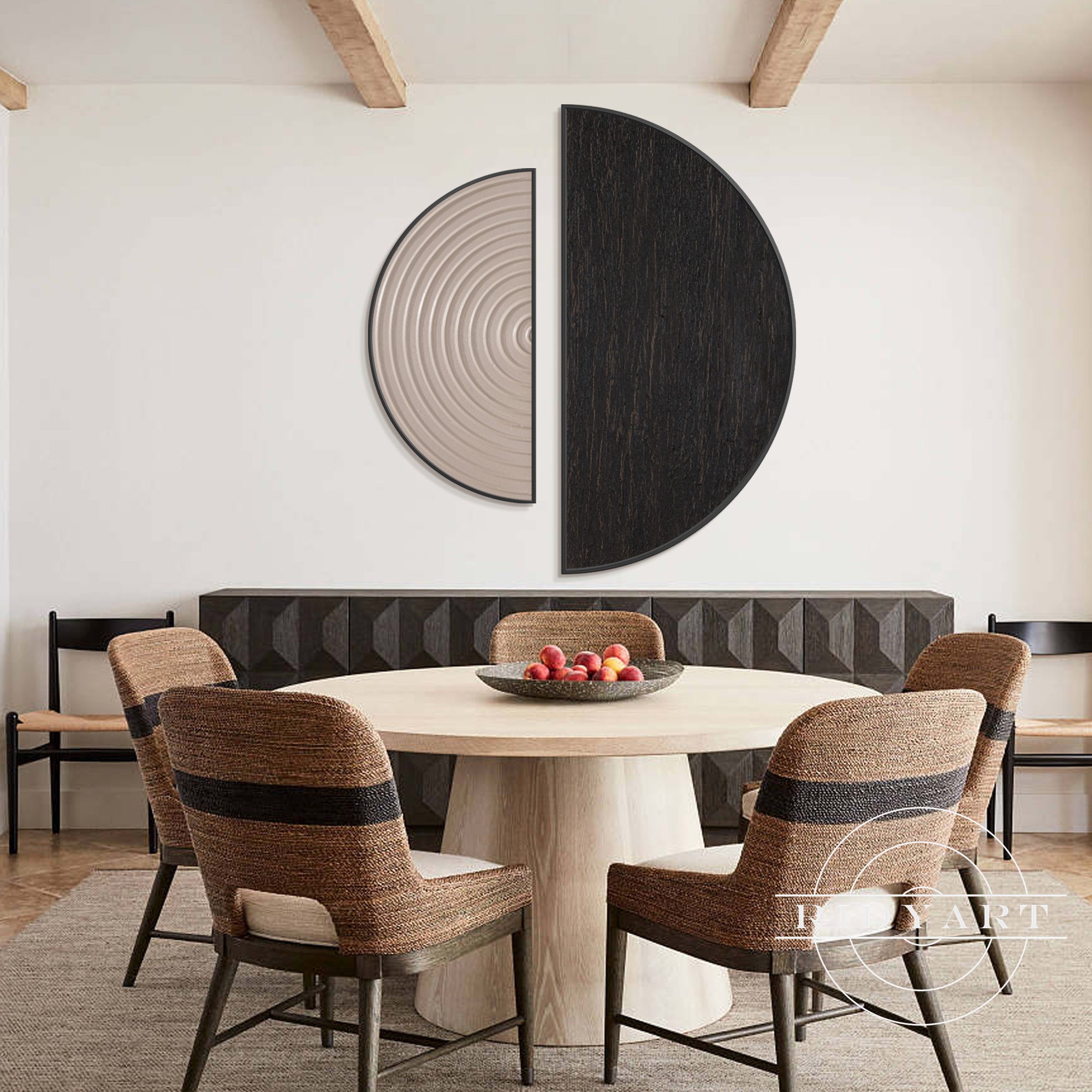 Black and beige round abstract wall art