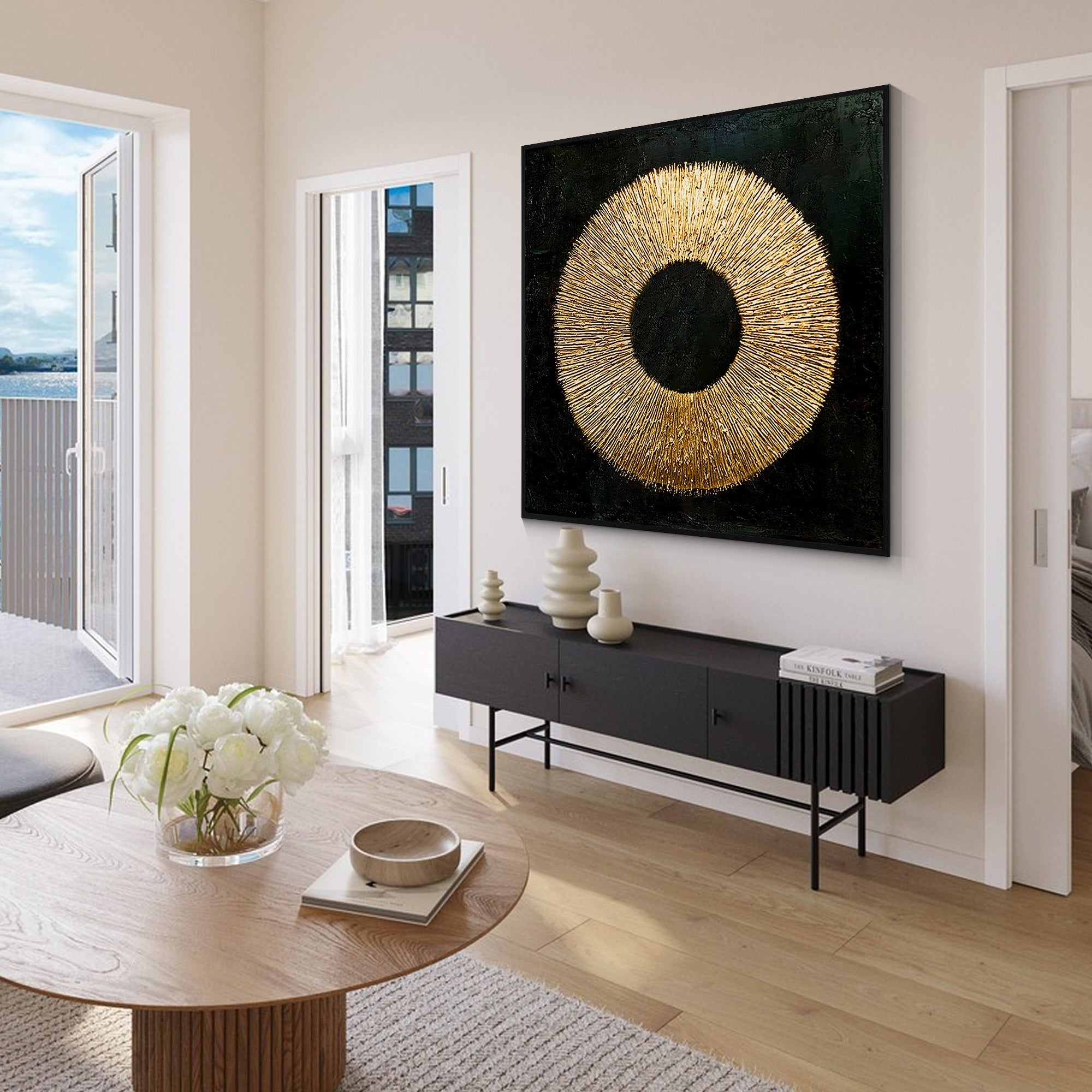 Black and gold abstract Enso circle wall art with textured design.