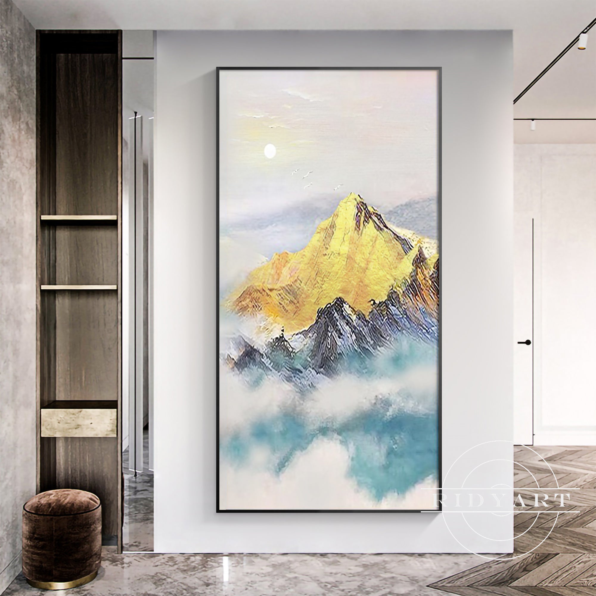 Black and gold textured wall art sunrise scene