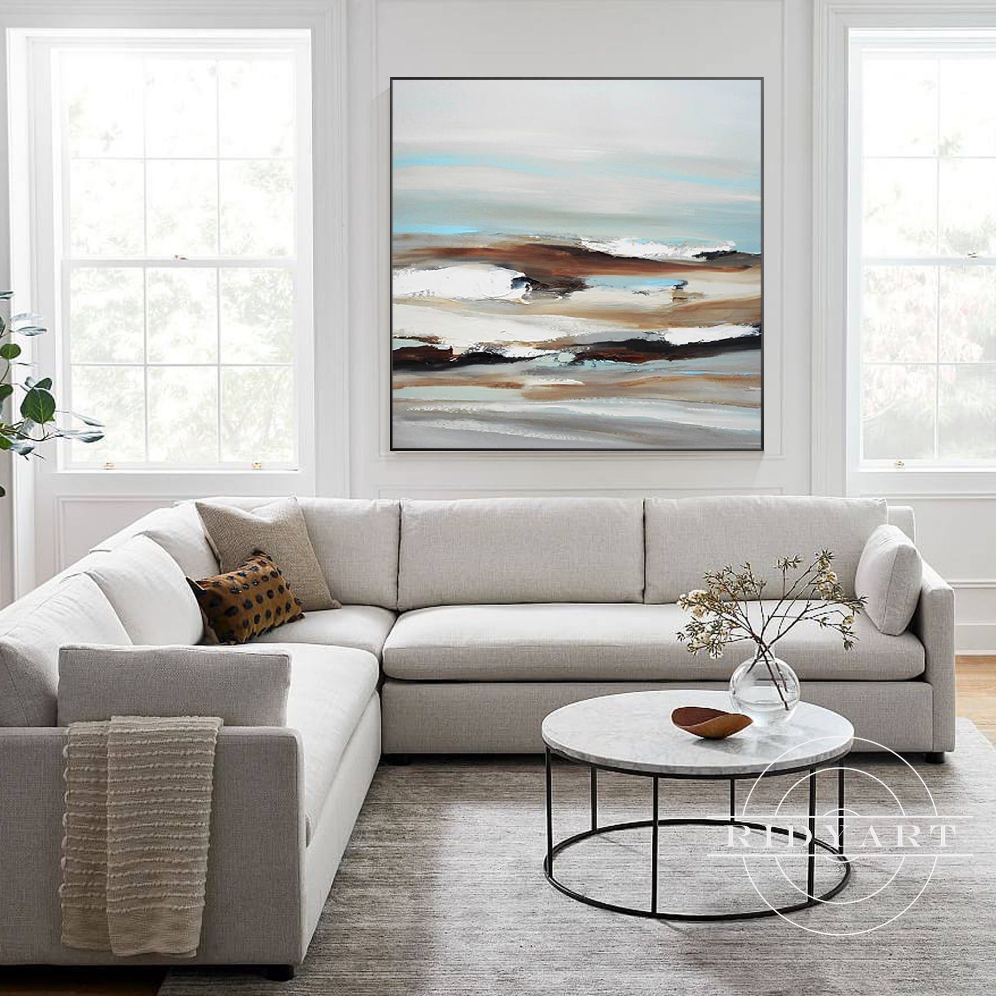 Contemporary blue and brown wall art on canvas