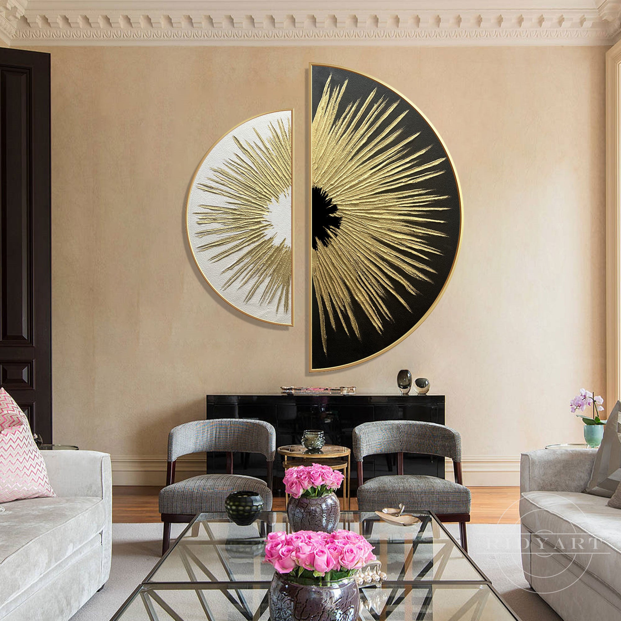 Contemporary sunburst rays textured painting