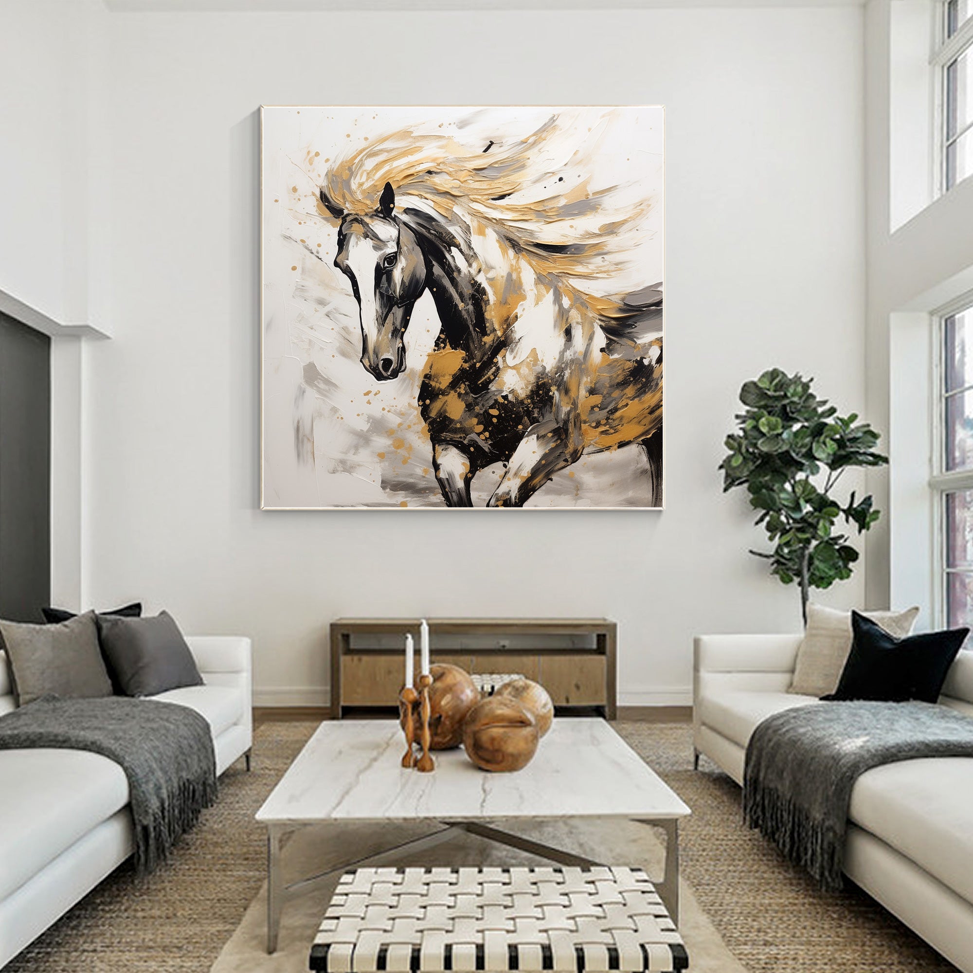 Black and gold running horse painting on canvas with metallic accents.

