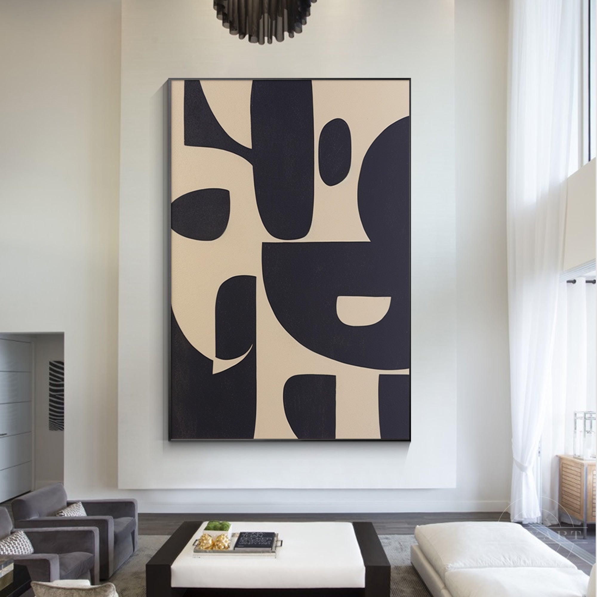 Black and beige geometric texture art painting on canvas with organic shapes. Extra-large wall art for industrial and minimalist home decor.

