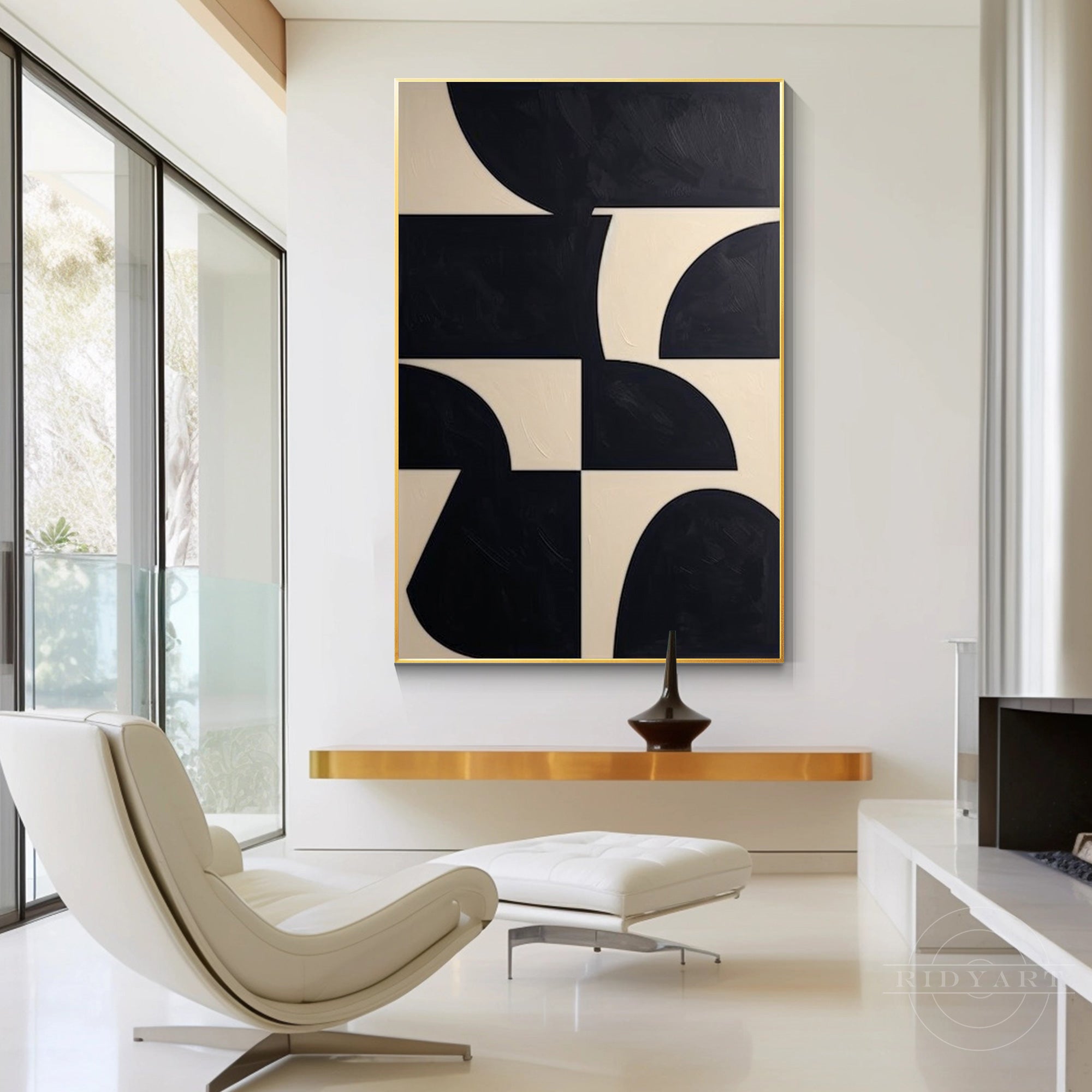 Black and beige textured geometric painting on canvas with organic shapes. Large wall art for industrial and minimalist home decor.

