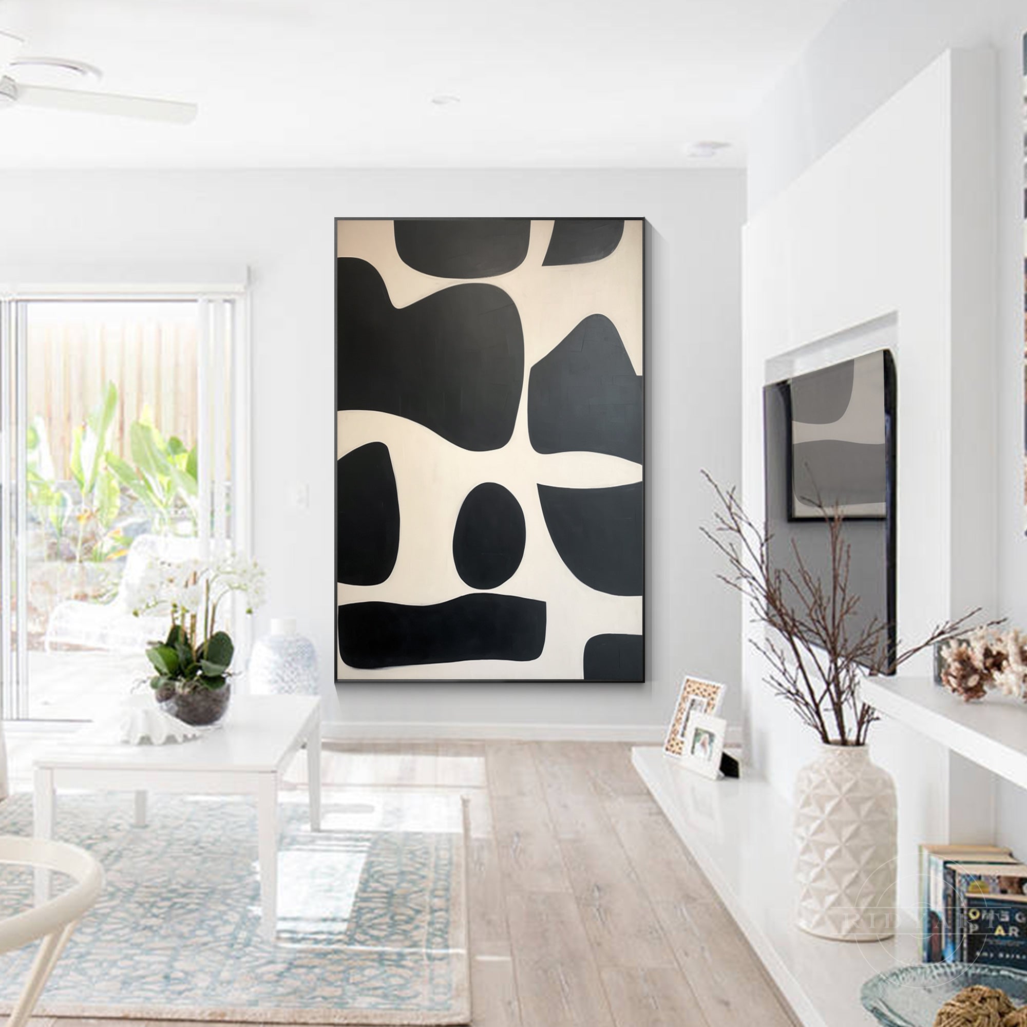 Black and beige textured geometric painting on canvas with organic shapes. Large wall art for industrial and minimalist home decor.

