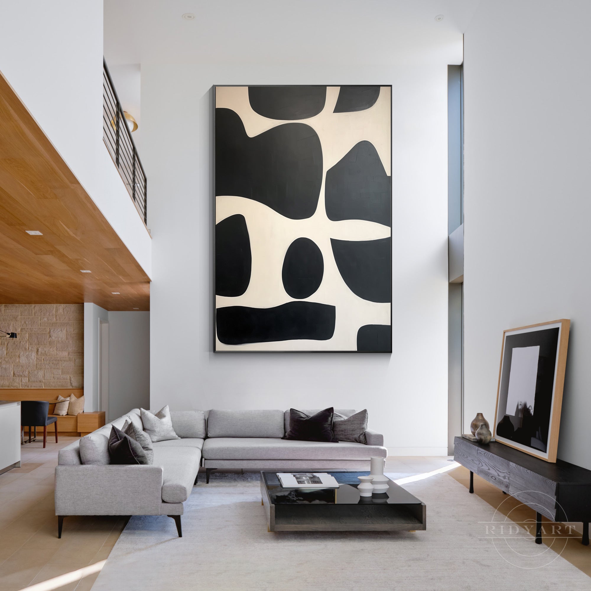 Black and beige textured geometric painting on canvas with organic shapes. Large wall art for industrial and minimalist home decor.

