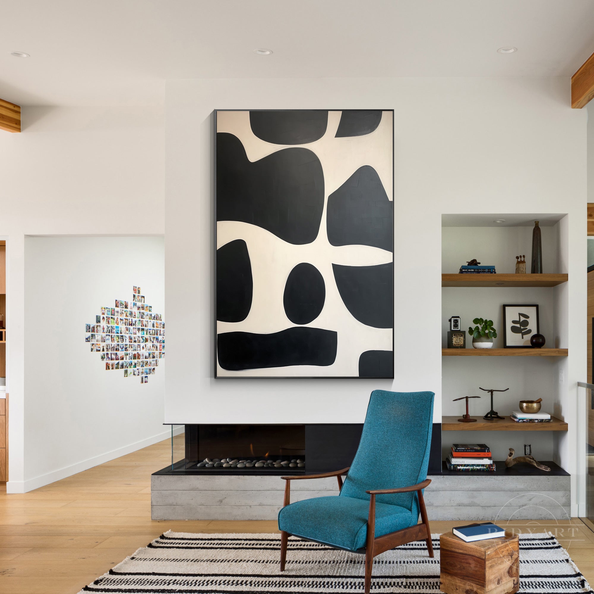 Black and beige textured geometric painting on canvas with organic shapes. Large wall art for industrial and minimalist home decor.

