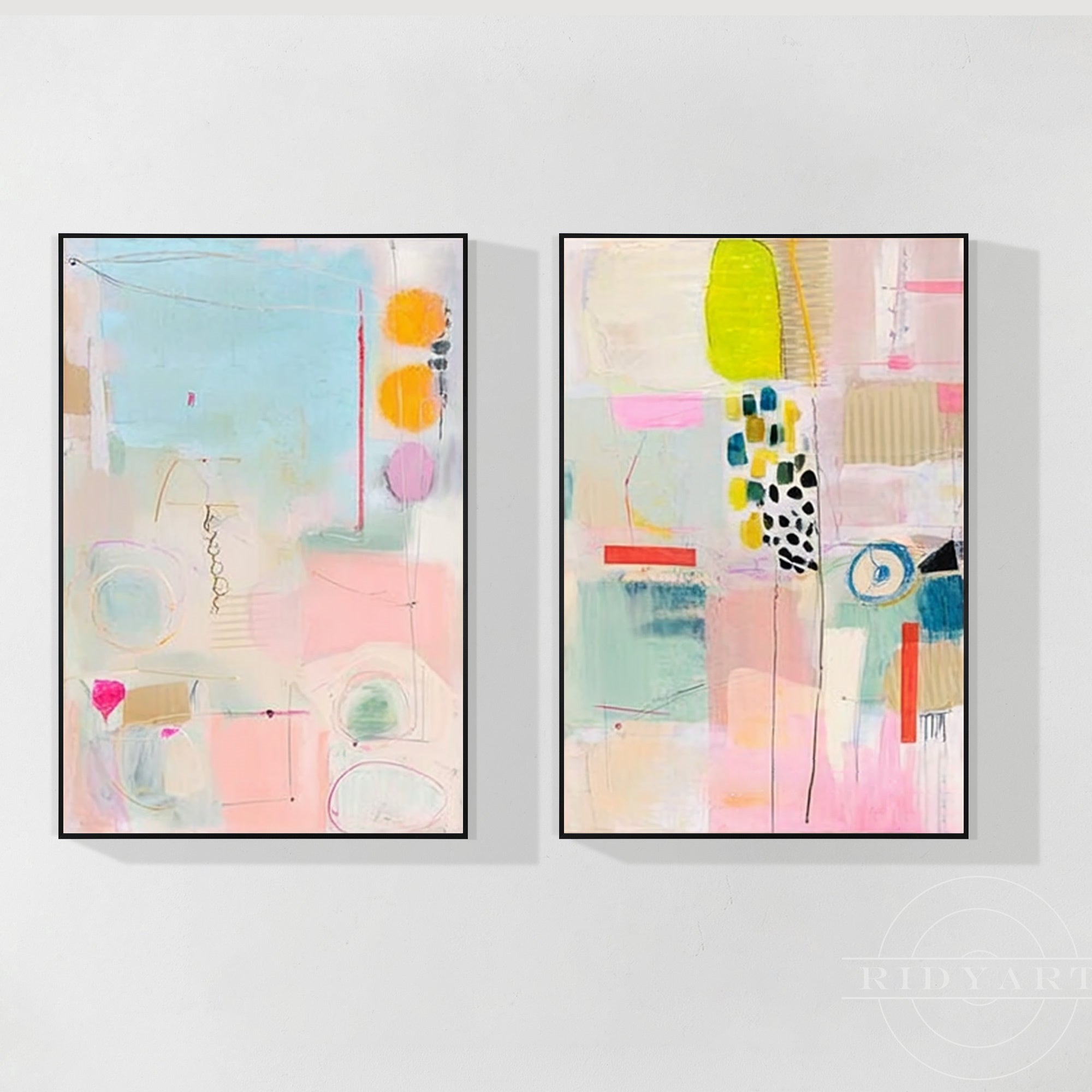 Set of 2 pastel abstract canvas wall art prints for modern living room decor.