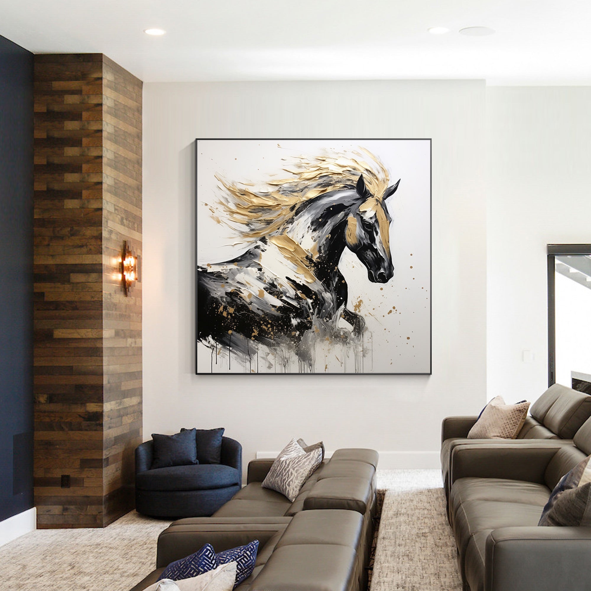 Black and gold textured running horse painting on canvas with metallic accents.

