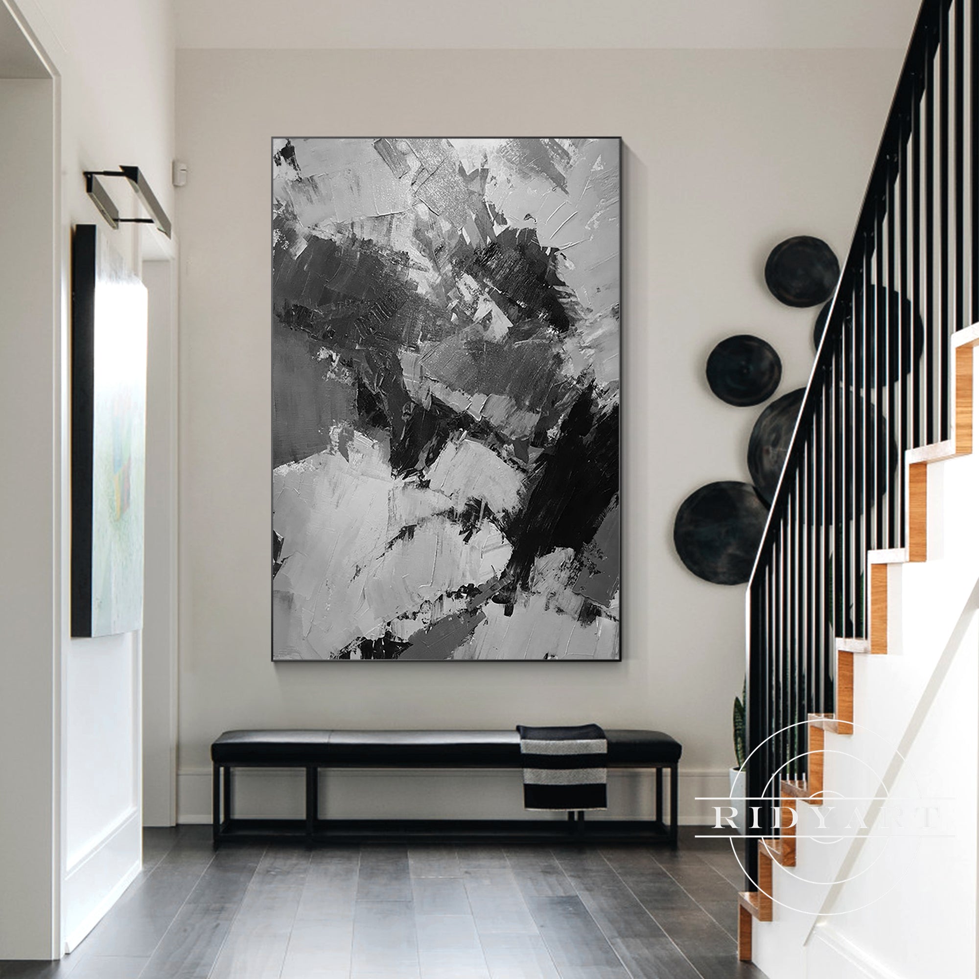 Black gray white abstract textured painting on canvas.