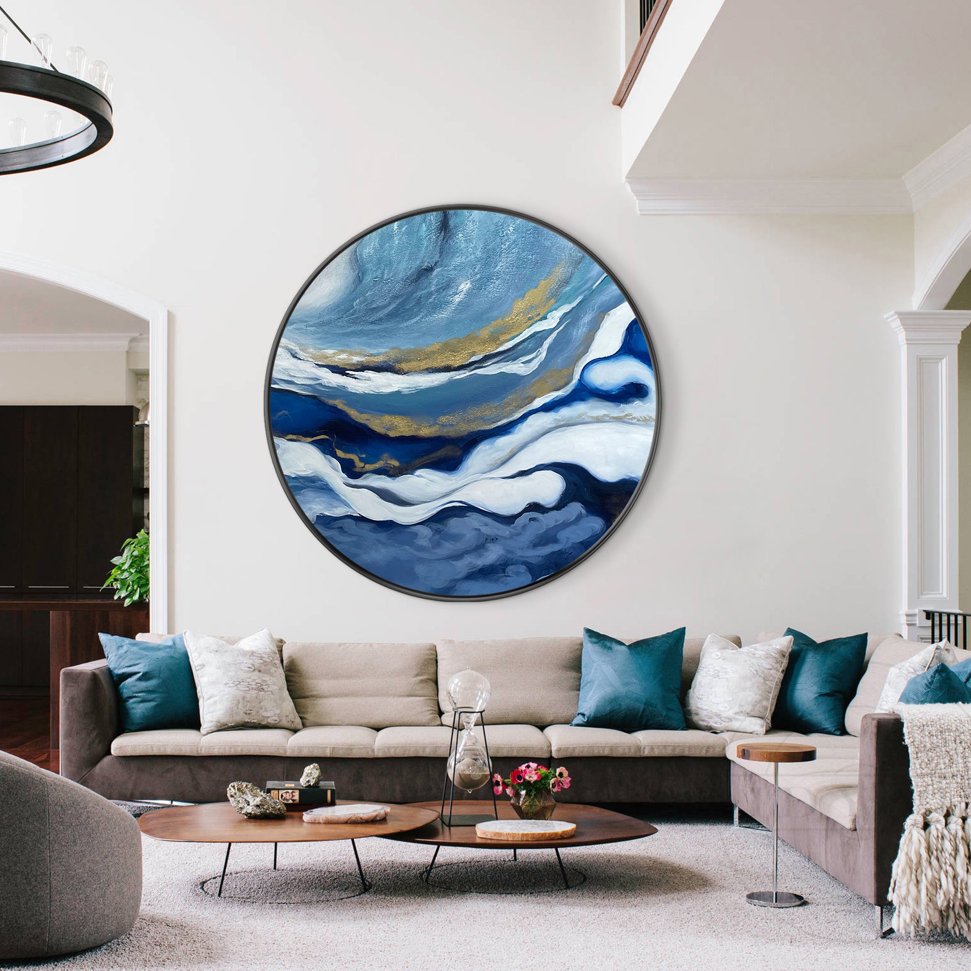 Blue abstract ocean painting with gold accents