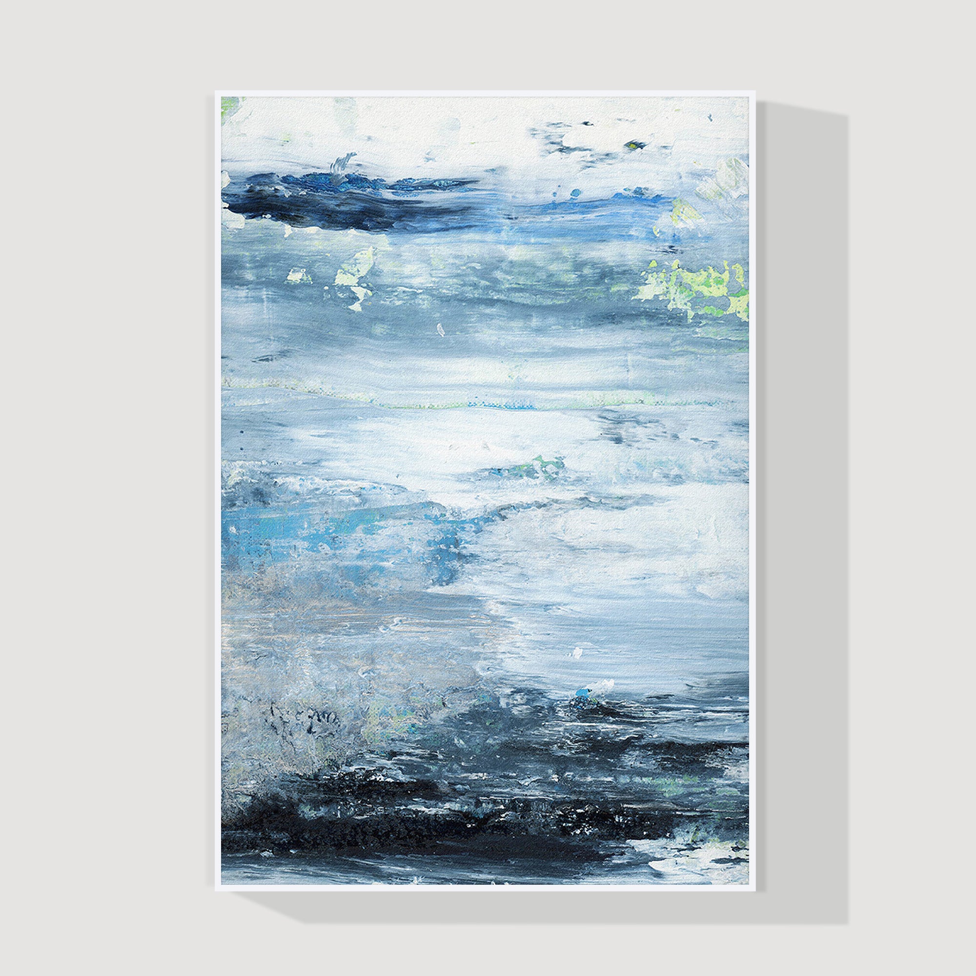 Blue abstract ocean painting with navy, aqua, and white tones