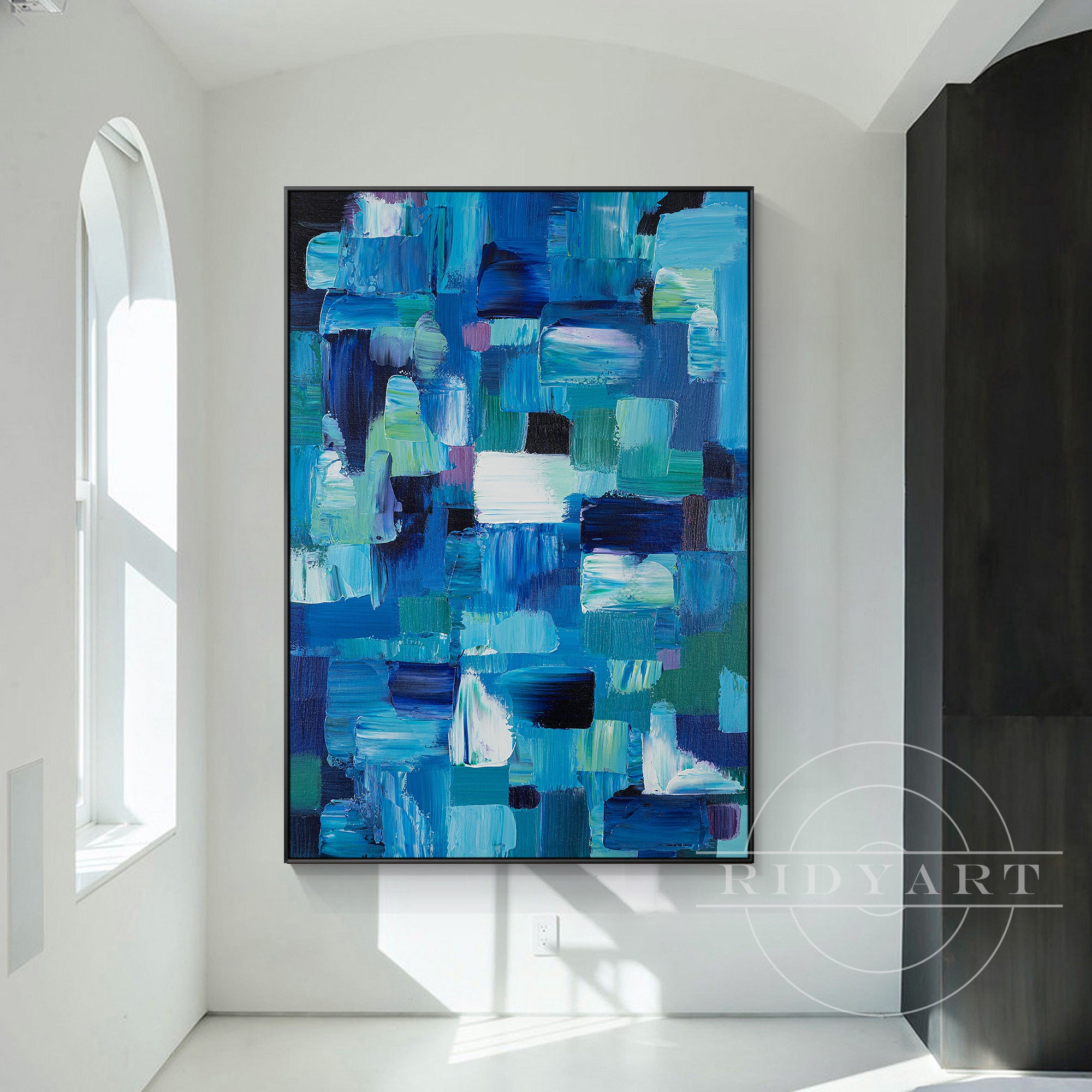 Blue abstract texture block painting with bold colors and layered depth