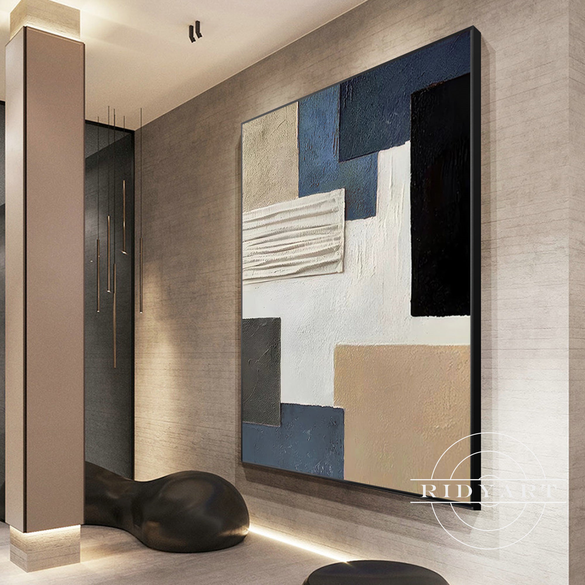 Large beige gray blue abstract wall décor