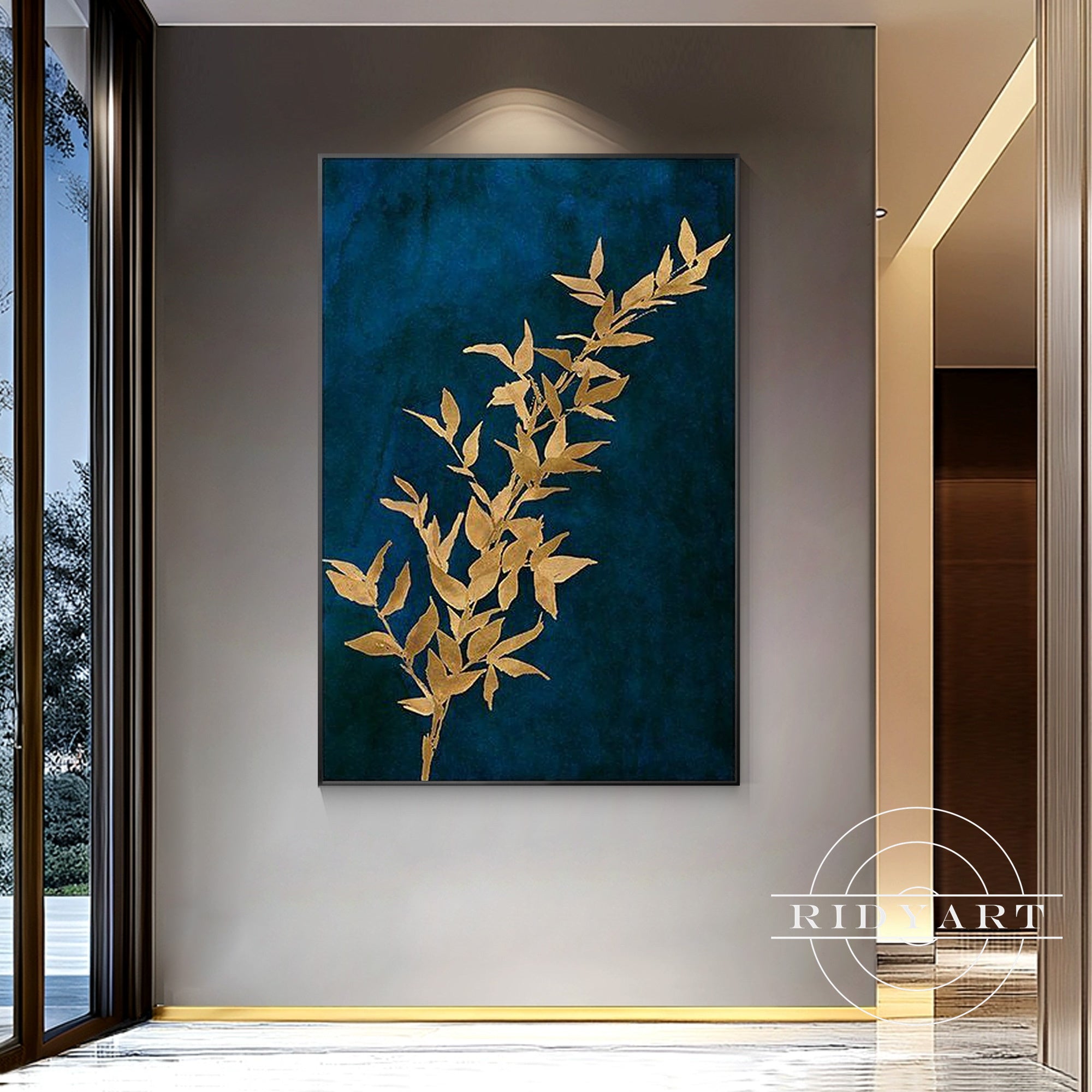 Original blue and gold luxury wall art for living room