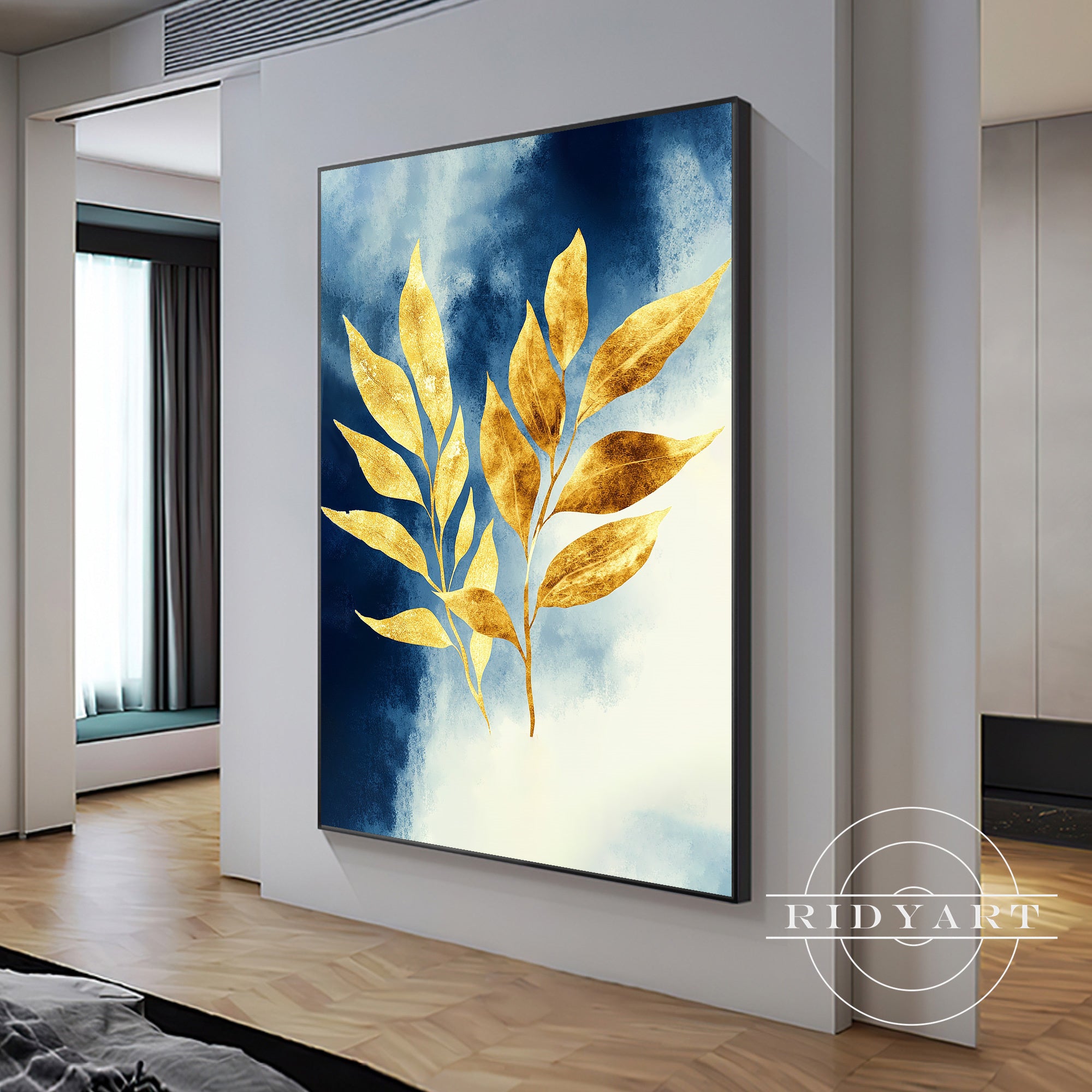 Luxury blue and gold wall art for living room décor