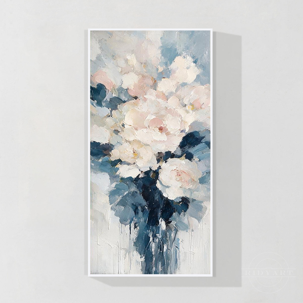 ertical abstract floral canvas wall art featuring heavy impasto brushstrokes and soft pink accents.