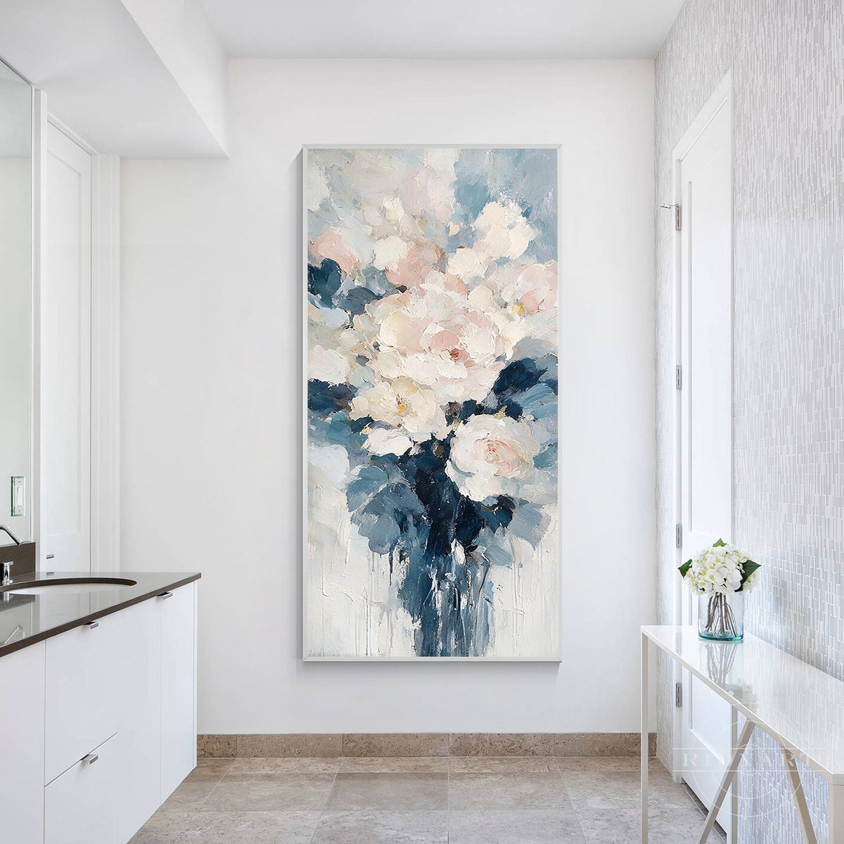 Large navy blue and blush flower oil painting in a 1:2 vertical aspect ratio for interior decor.