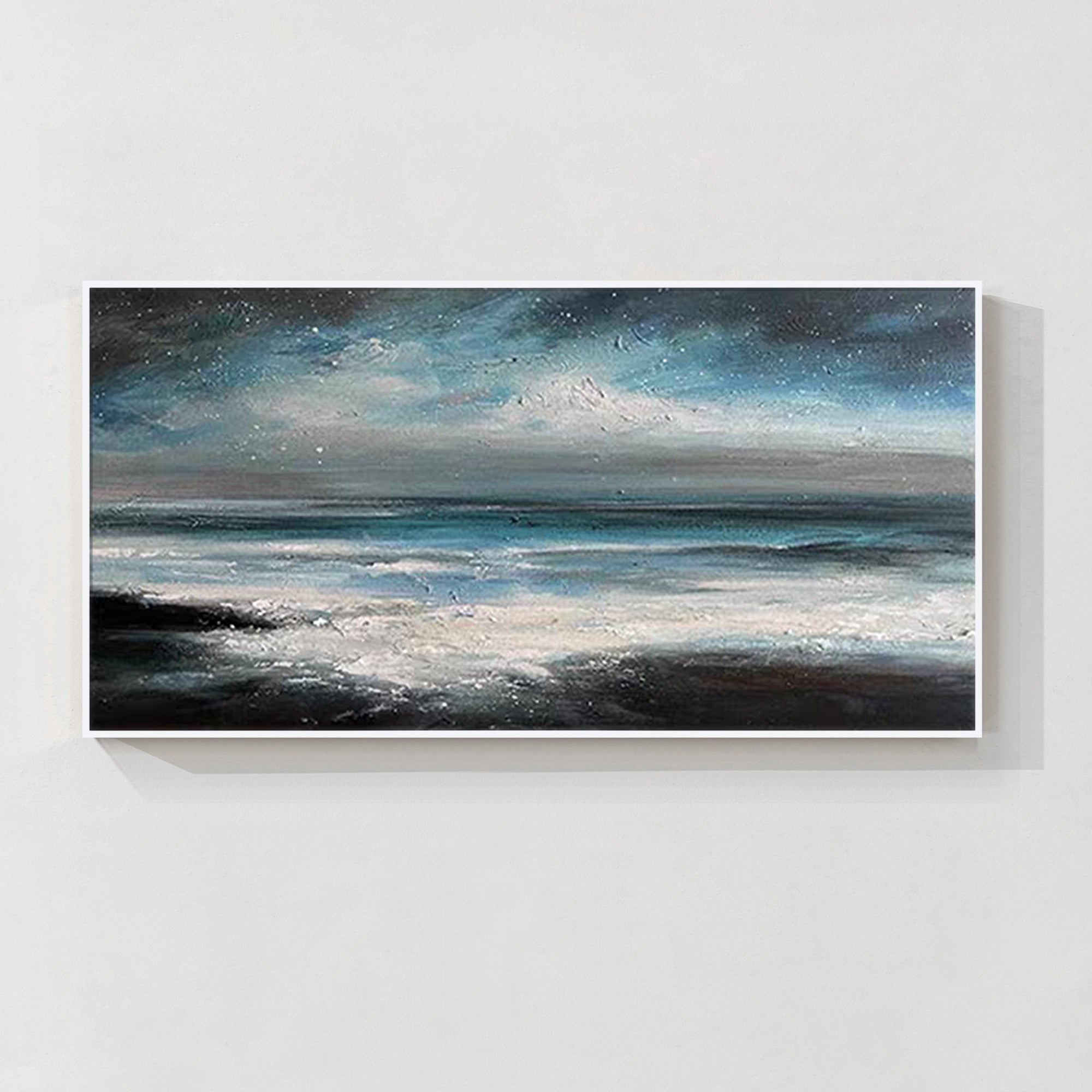 blue black ocean mountain abstract wall art with pink sky