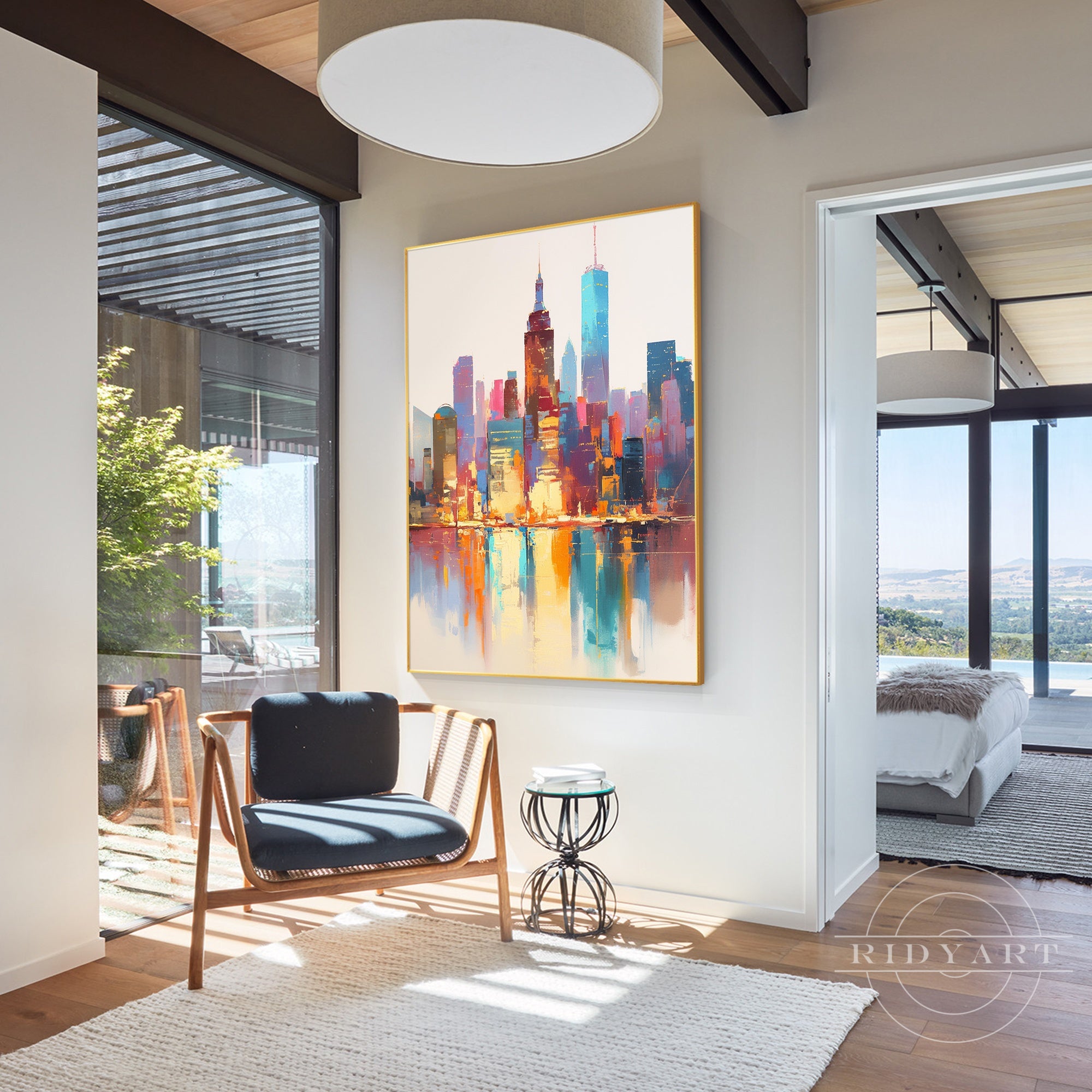 Vibrant abstract city painting with brown and blue hues for stylish spaces